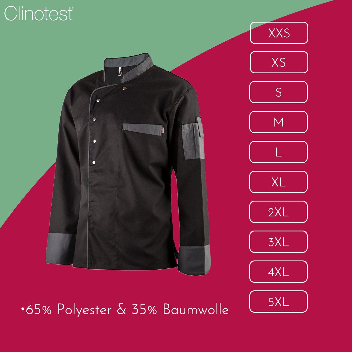Clinotest Kochjacke langarm - 95 Grad waschbare, kochfeste Kochjacken ohne Einlaufen (1-St) Kochhemd aus 65% Polyester, 35% Baumwolle, mit Druckknopfverschluss – Bild 3 von 5