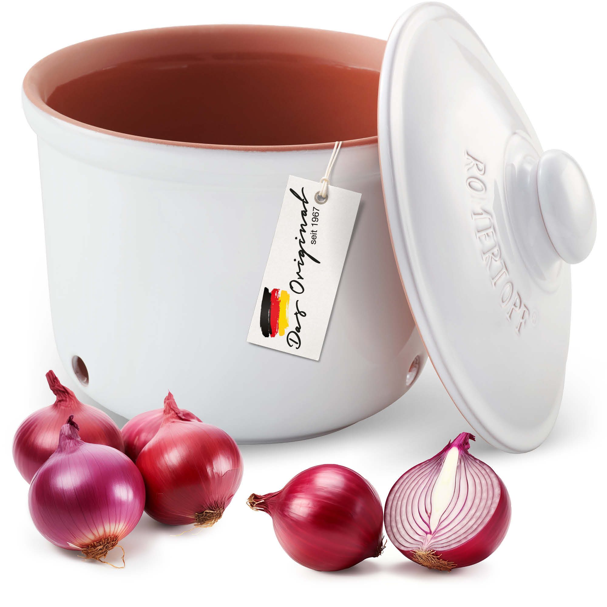 RÖMERTOPF Römertopf Frische-Topf MAXI - Zwiebeln Aufbewahrung 2,8 Liter Weiß, (Frischetopf & Deckel)