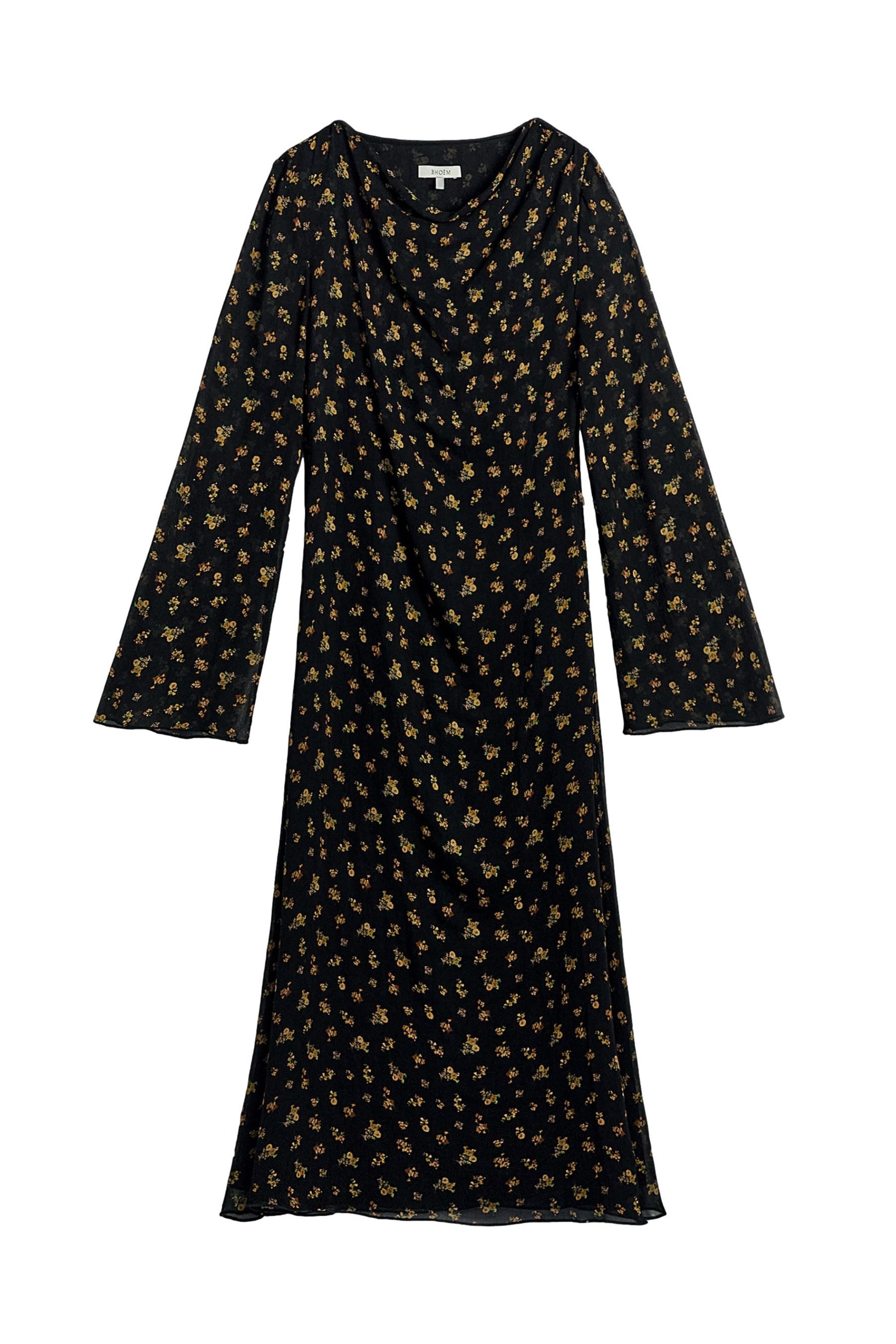 Bhoem Midikleid BHOEM Fließendes, gemustertes Midikleid, Schwarz (1-tlg)