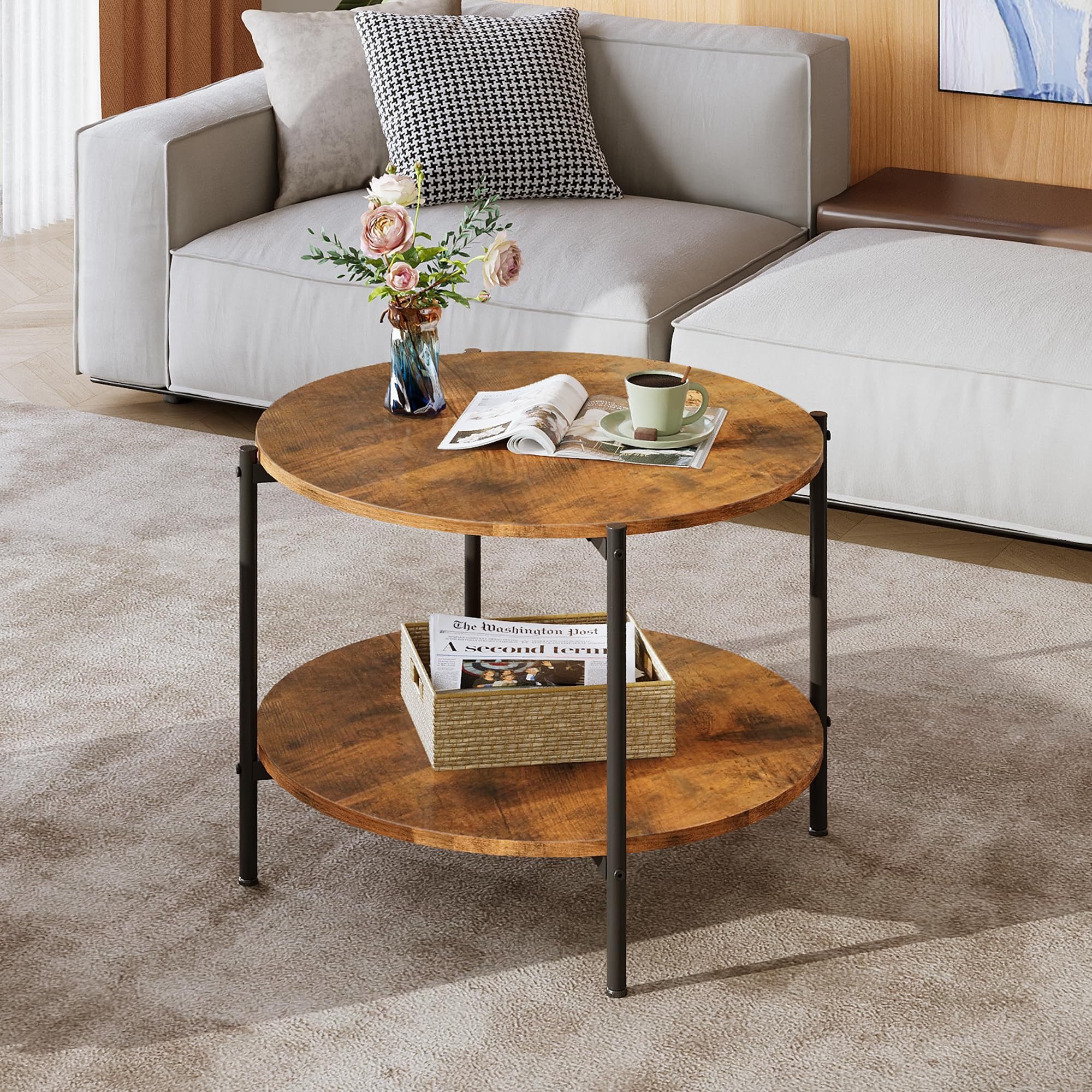 WLIVE Couchtisch Couchtisch rund mit 2 Ebenen, Beistelltisch Holz mit Metallgestell (Packung, 1 Tisch), Wohnzimmertisch mit Metallrahmen, für Wohnzimmer, Schlafzimmer