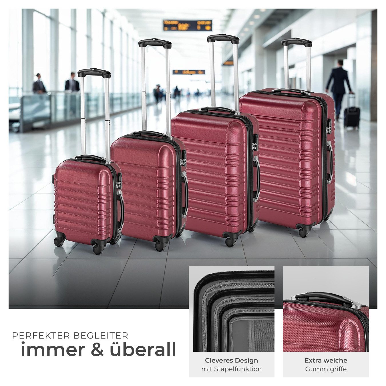 tectake Trolley Hartschalenkoffer-Set aus robustem ABS-Kunststoff mit Teleskopgriff, 4 Rollen, 360° drehbare, abnehmbare Rollen, mit Sicherheits-Zahlenschloss