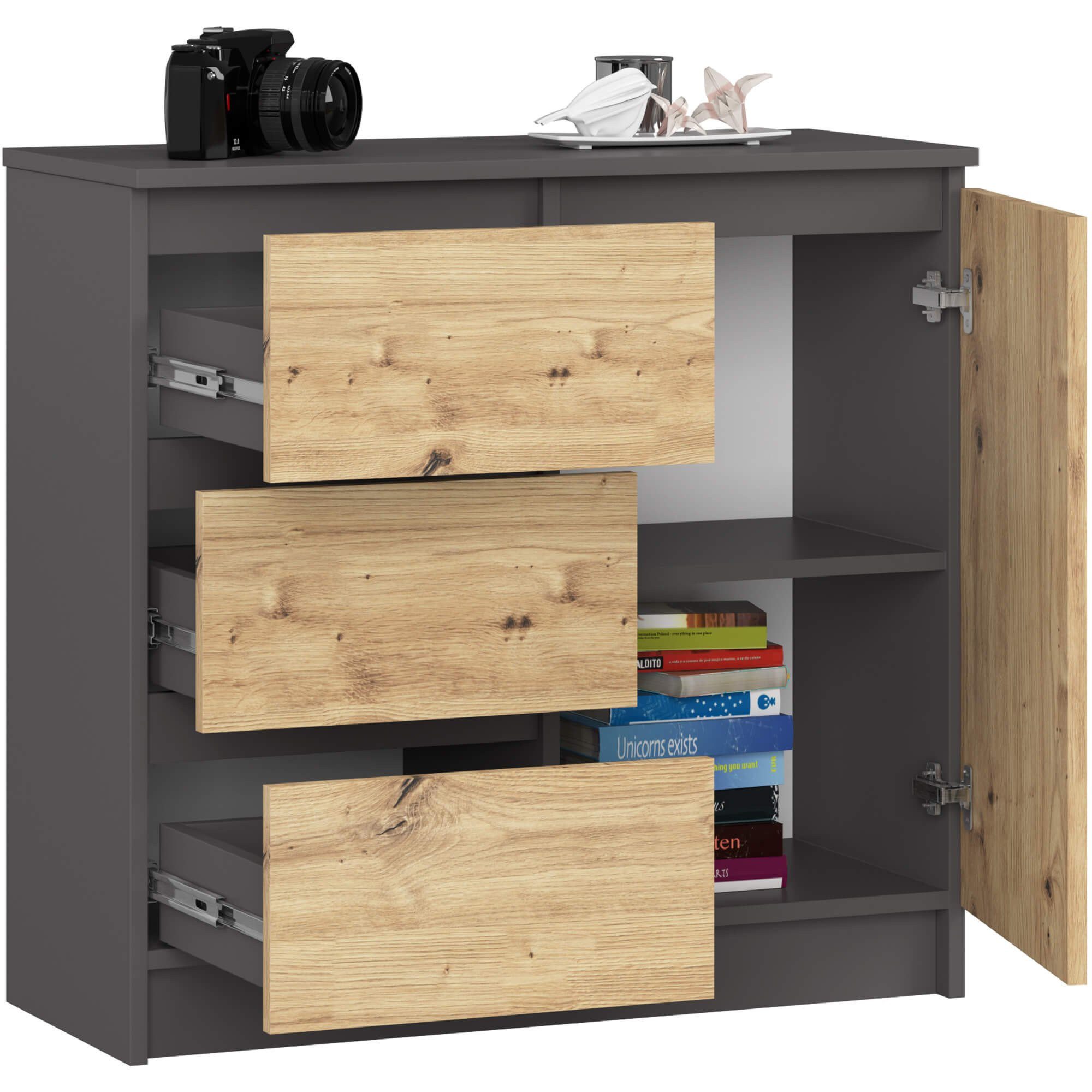 Kommode mit 3 Schubladen, 1 Schranktür, 80 cm breit Holz Schrank