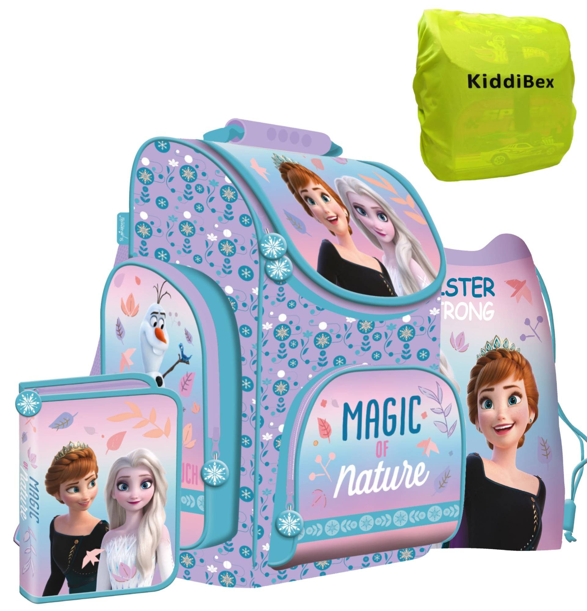 KiddiBex Schulranzen Mädchen Frozen (Set, 4-tlg., Schulranzen, Federmäppchen, Turnbeutel, Regenschutz), Schultasche Mädchen 1. Klasse Eiskönigin Elsa - Grundschule Ranzen