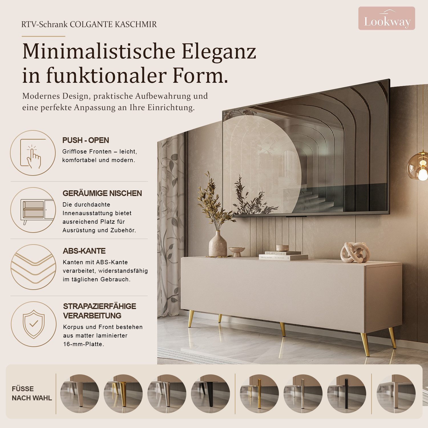 Lookway TV-Schrank COLGANTE 150 cm KASCHMIR TV-Lowboard mit schrägen Füße und LED 150x40x49 cm – Bild 3 von 5