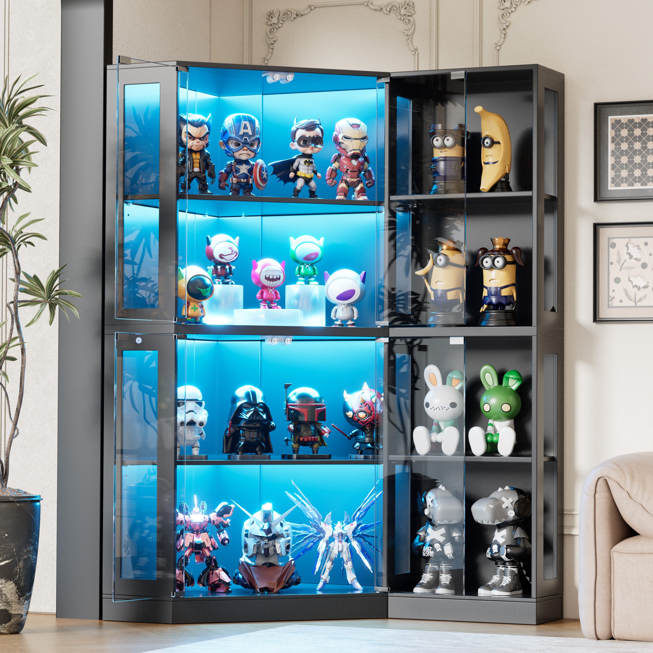 TWSOUL Eckvitrine Glasvitrine 4-stöckiger Eckglasanzeigeschrank mit LED&Offene Regale 165cm, griffloses Design, Hochschrank Bücherregal – Spielzeug, Bücher