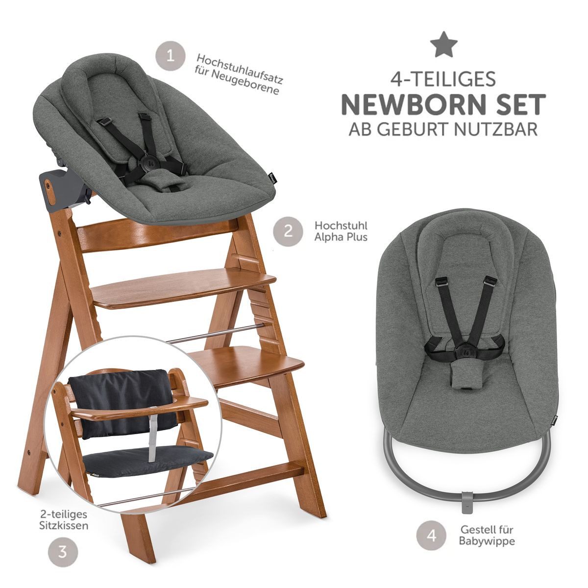Hauck Hochstuhl Alpha Plus Walnut Newborn Set Premium Dark Grey, Holz Babystuhl ab Geburt inkl. Aufsatz für Neugeborene & Sitzauflage