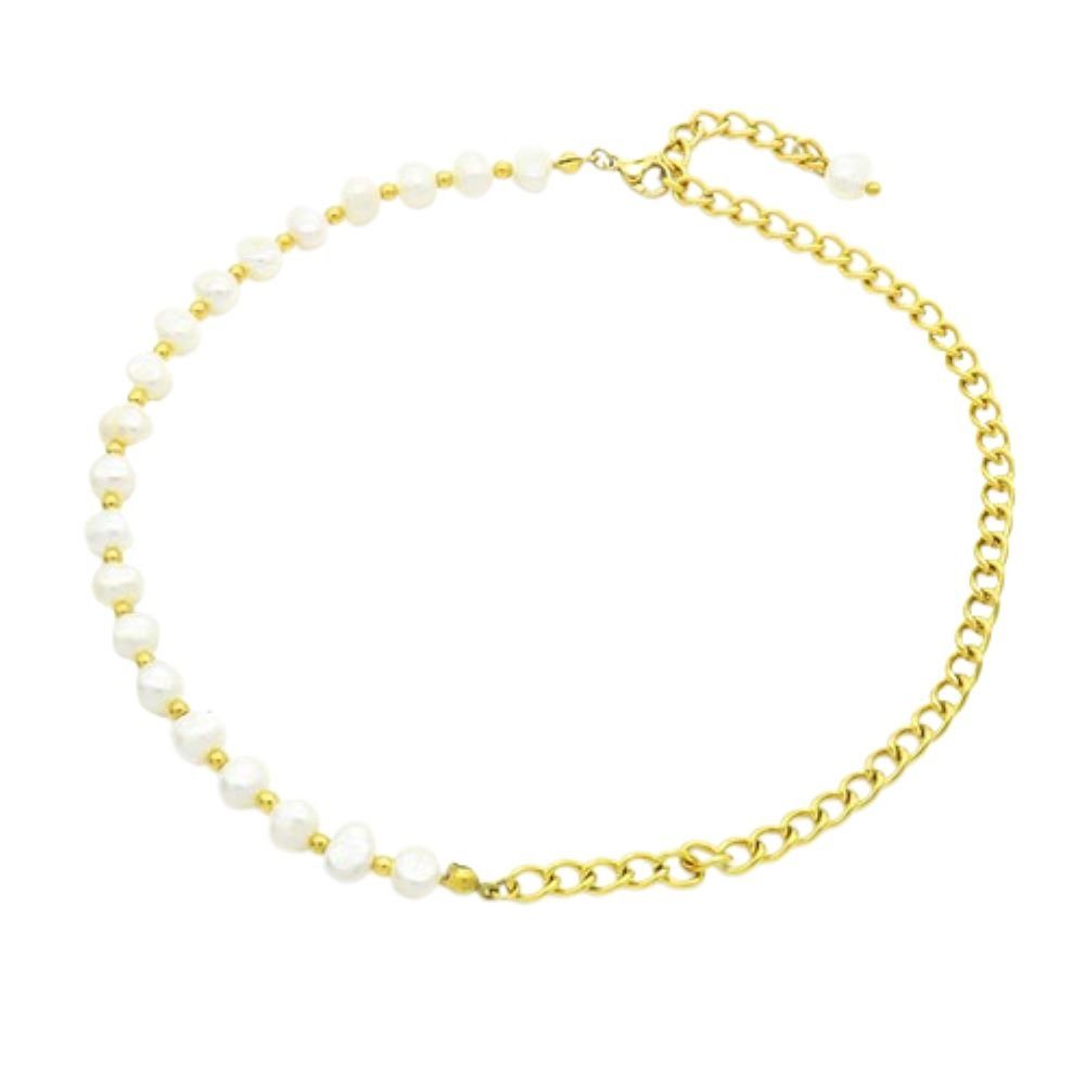 BUNGSA Goldkette Mixkette Perlen und Kettenglieder goldfarben aus Edelstahl Unisex (1-tlg), Halskette Necklace
