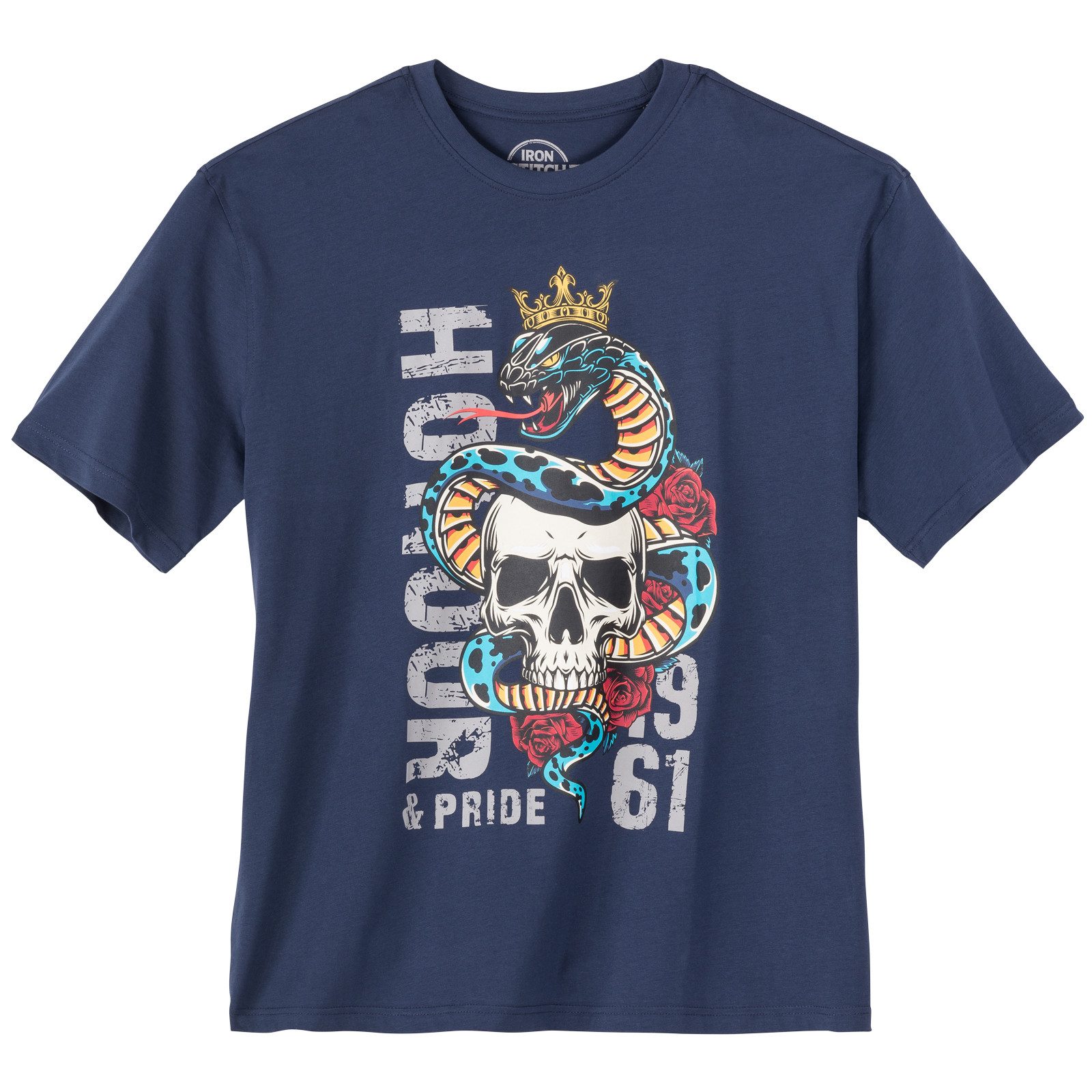 Print-Shirt Iron Stitch Übergrößen T-Shirt denimblau Totenkopf