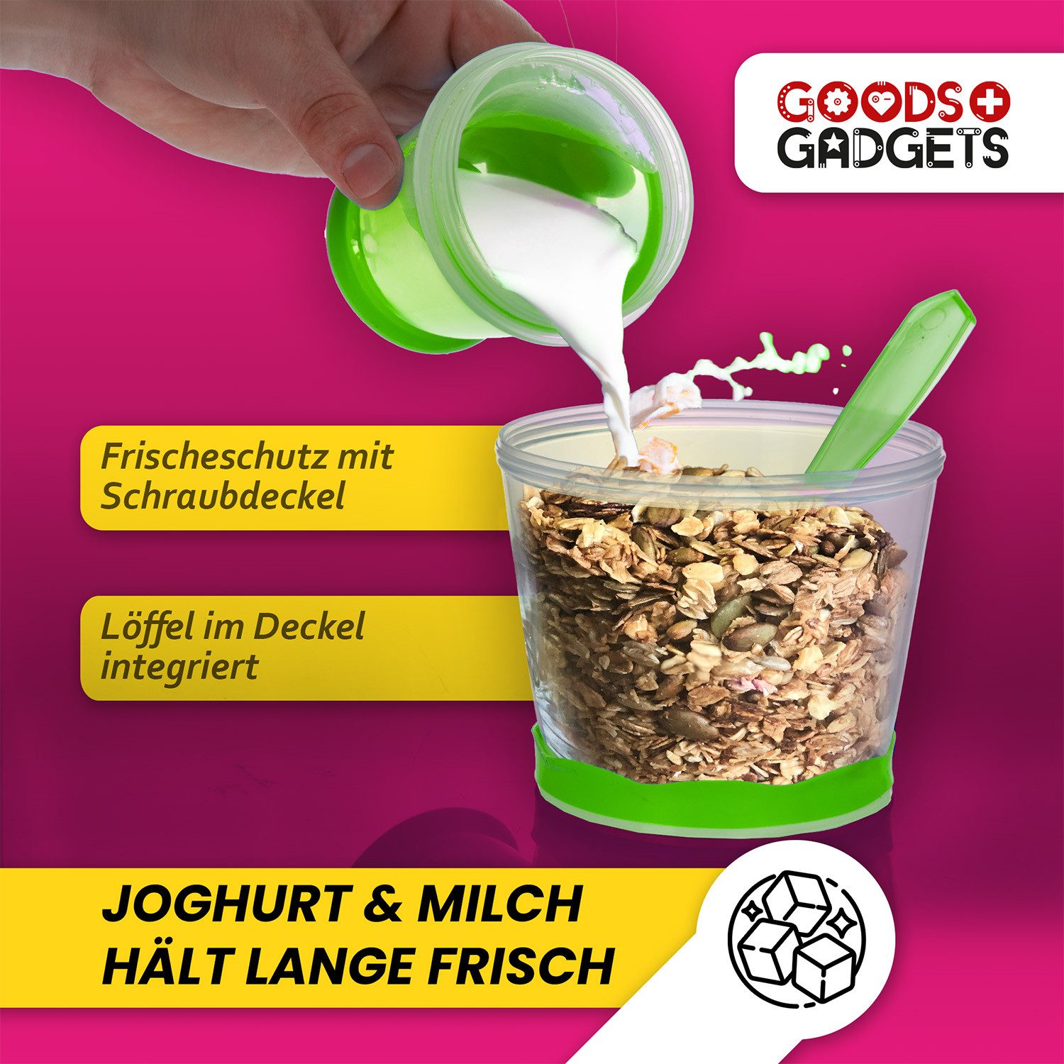 Goods+Gadgets Aufbewahrungsbecher GOODS+GADGETS Müsli To-Go Becher 2in1 mit Kühlfach & Klapp-Löffel, (Milchkühlfach & Klapp-Löffel), Joghurt 2-Go Reise-Becher