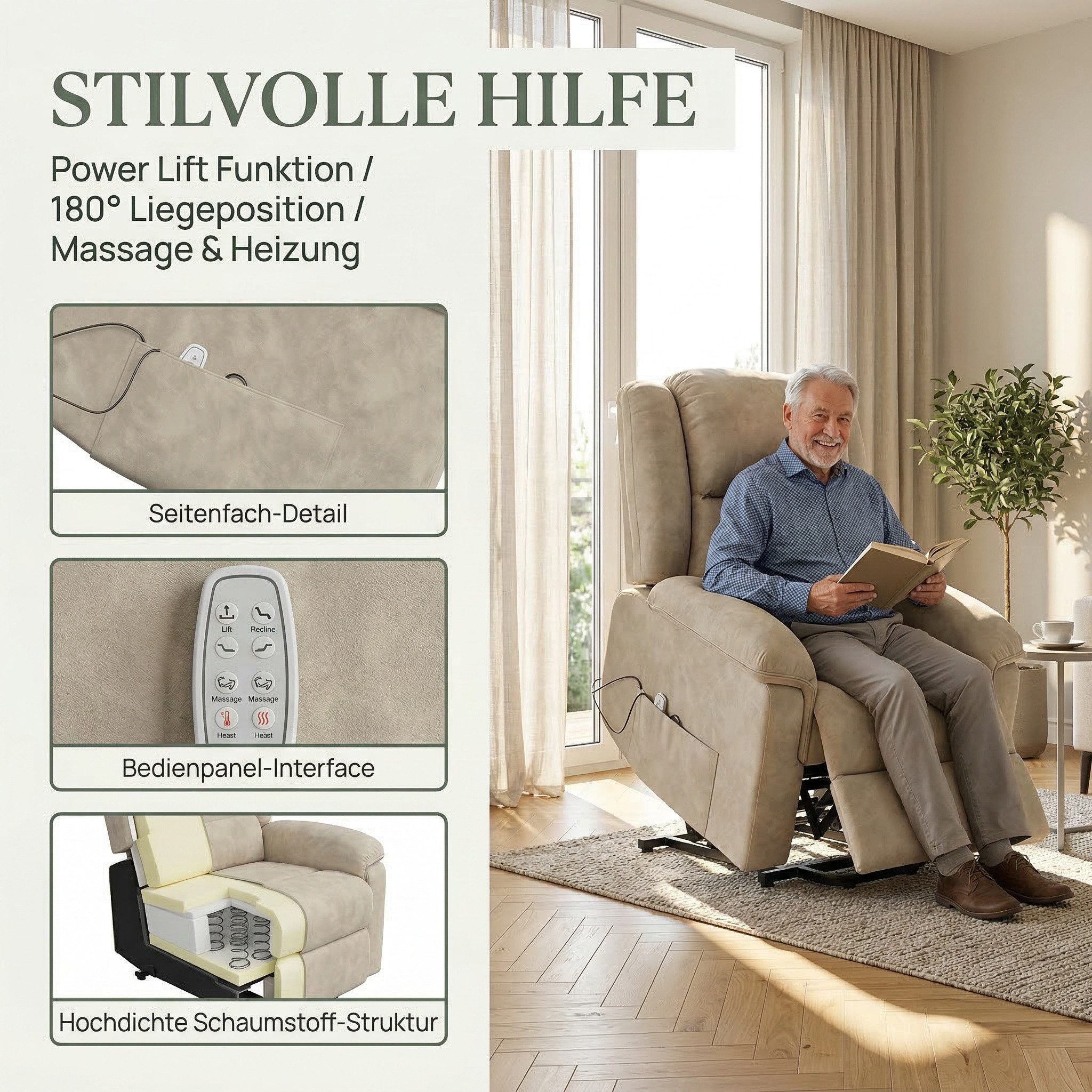 PXloue Massagesessel TV-Sessel Elektrisch Massage Relaxsessel Schlafsessel Fernsehsessel (inkl. Aufstehhilfe und Fernbedienung), mit Liegefunktion Massagefunkti – Bild 3 von 5