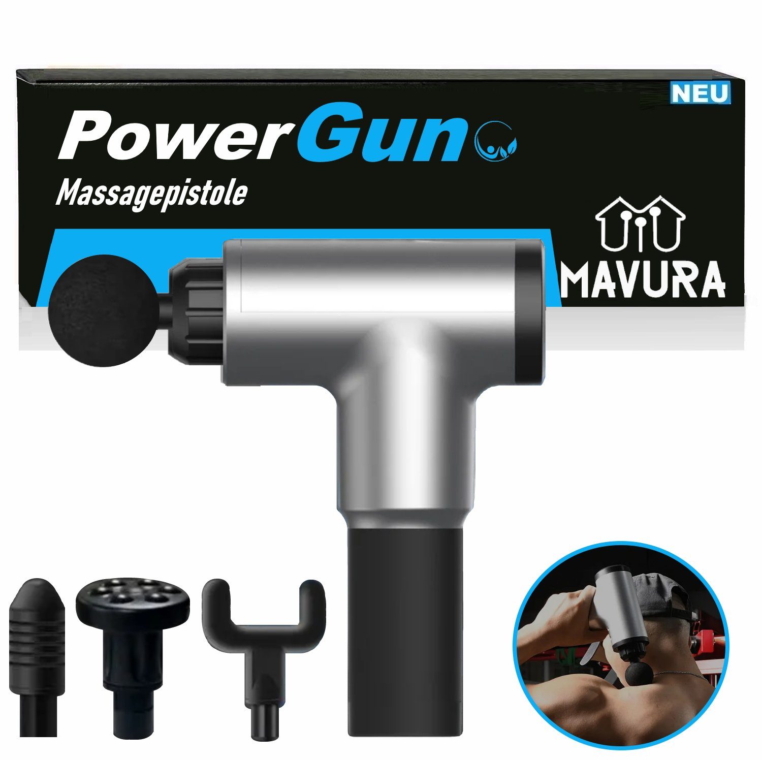 MAVURA Massagepistole PowerGun Massagegerät Massagegun Set mit 4 Massageköpfe, elektrisch Muskel Stimulation Vibrationsmassagegerät Massage Gun