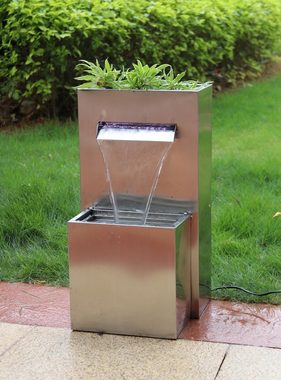 ELLUG Gartenbrunnen Gartenbrunnen/Zierbrunnen mit Wasserfall & Pflanzkübel/Blumentopf, aus rostfreiem Edelstahl, inkl. Pumpe & LED, 32*31*60cm Wasserspiel Garten/Teich/Terasse