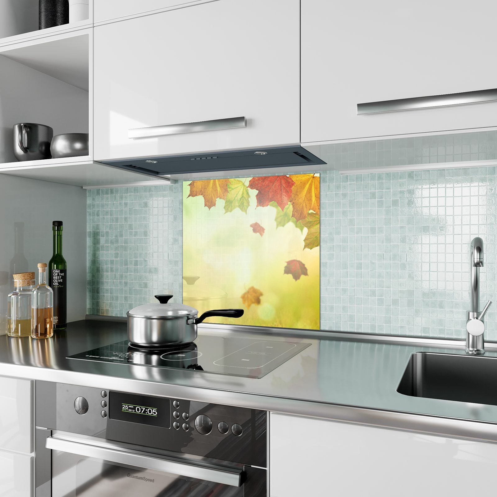 Spritzschutz Sonnenlicht Motiv Küchenrückwand mit Primedeco im Blätter Küchenrückwand Glas