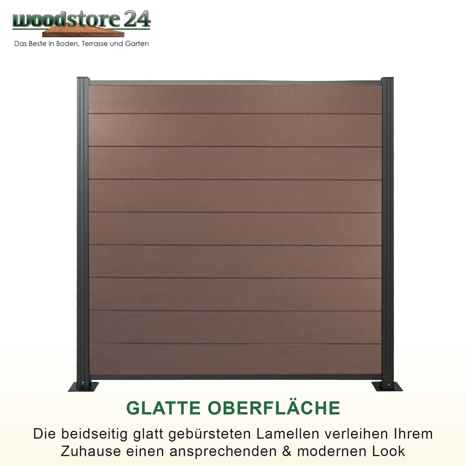 Woodstore24 Zaun WoodoZaun WPC Sichtschutzzaun gebürstete Optik für Garten & Terrasse, (Sichtschutz - 1,85m Breit x 1,80m Höhe x 2cm Stärke, Lamellenzaun Komplettset inkl. Pfosten, Start- und Endprofil), Stecksystem, Lamelle aus recyceltem Kunststoff & Holzfasern, braun