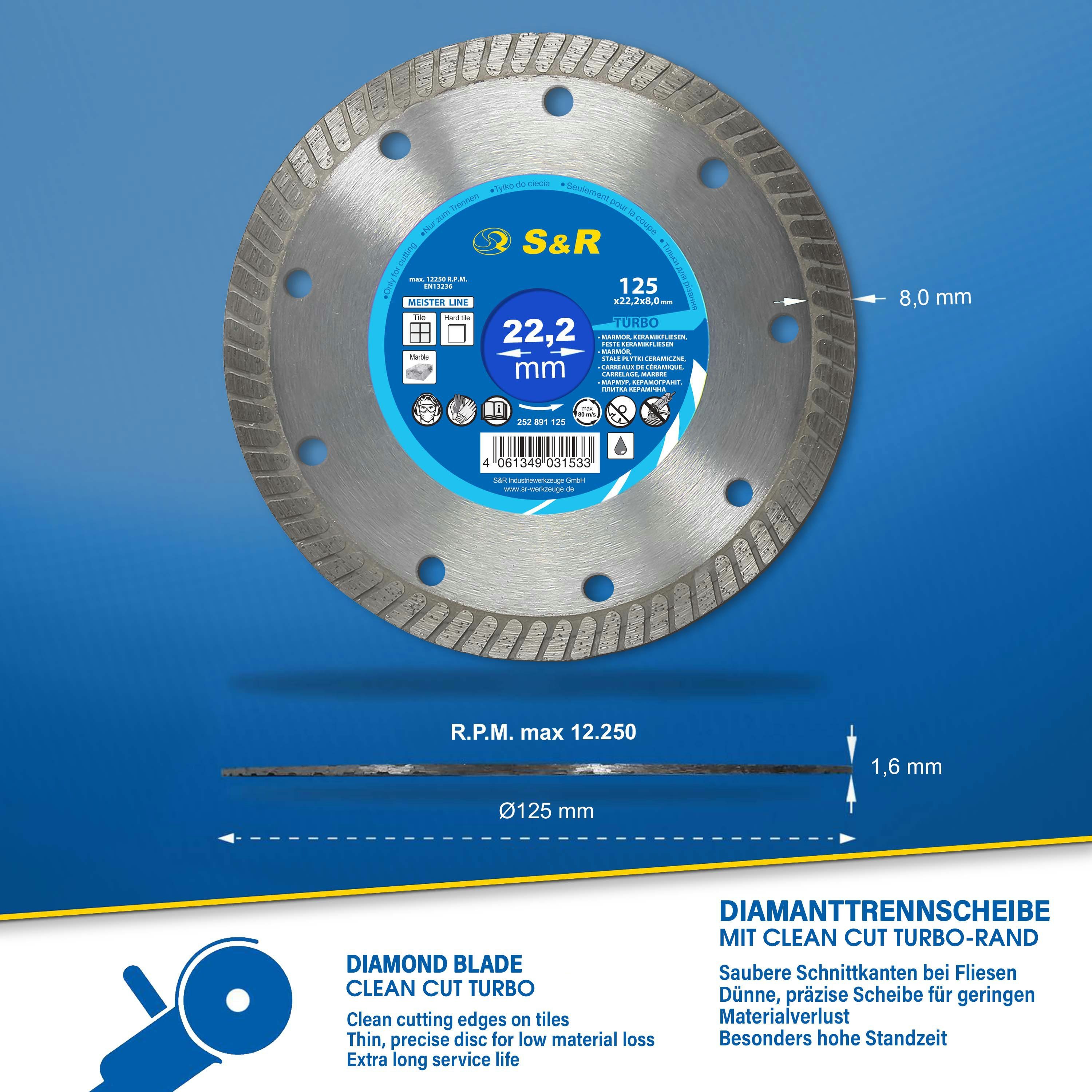 S&R Diamanttrennscheibe Fliesenscheibe, PREMIUM Clean Cut 125x22,23 mm, präzise Schnittkanten, Ø 125 mm, für Fliesen, Feinsteinzeug, harter Keramik, Granit, Marmor