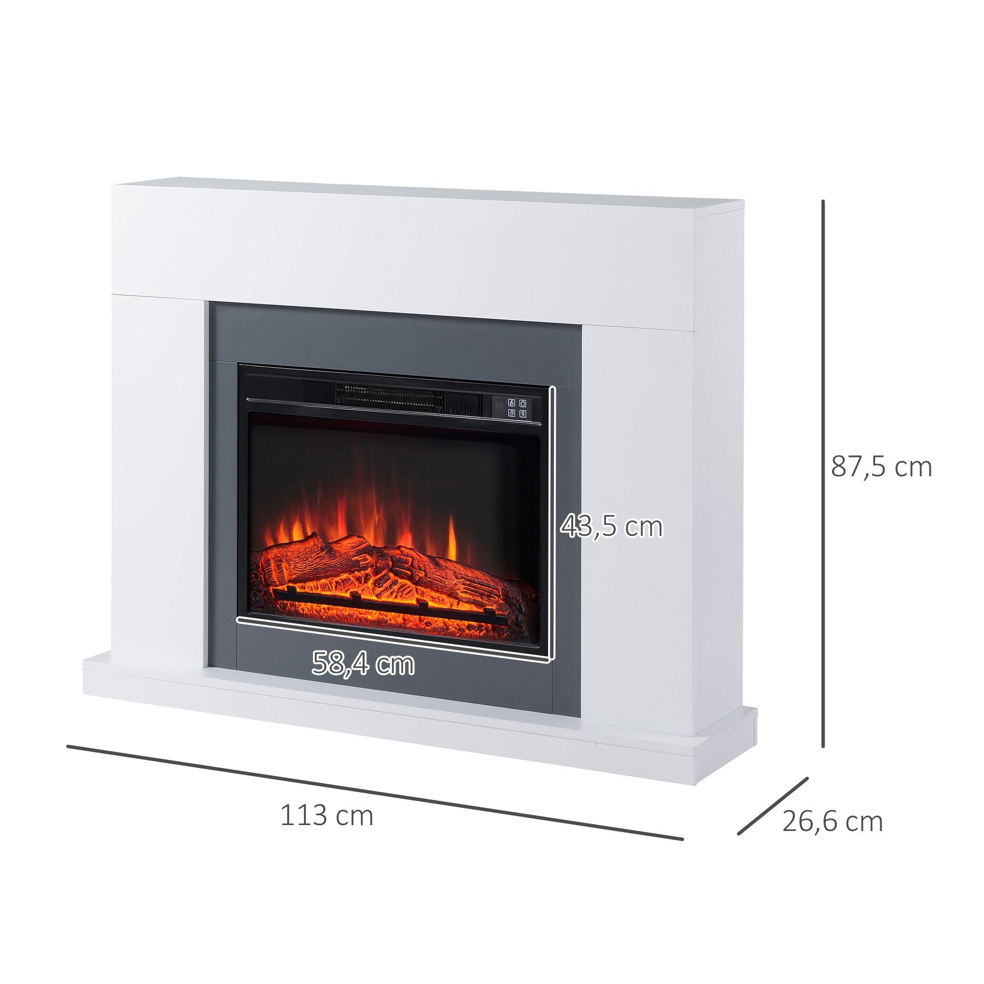HOMCOM Elektrokamin Dekokamin mit Heizung, 3 Helligkeiten, Thermostat, Fernbedienung, LED Elektrokamin Standkamin mit Flammeneffekt 1800,2000W Weiß