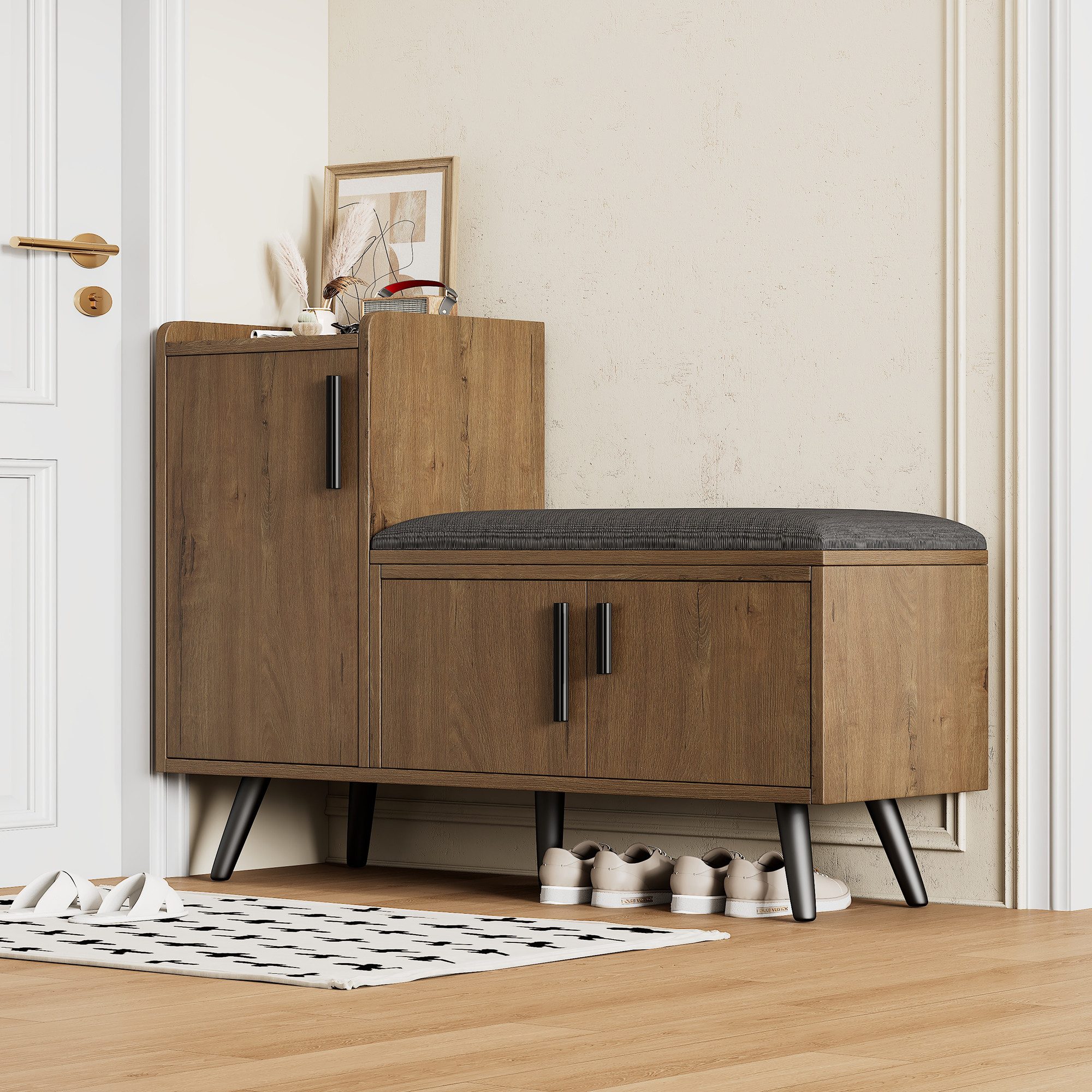 MODFU Schuhbank mit mehreren Ebenen zur Aufbewahrung (mit Stauraum, gepolsterter Sitzfläche & Metallgriffen, 1-St., 3 Türen, 100x34x68,5cm), mit Sitzbank, verstellbare Böden, asymmetrischen Metallgriffen