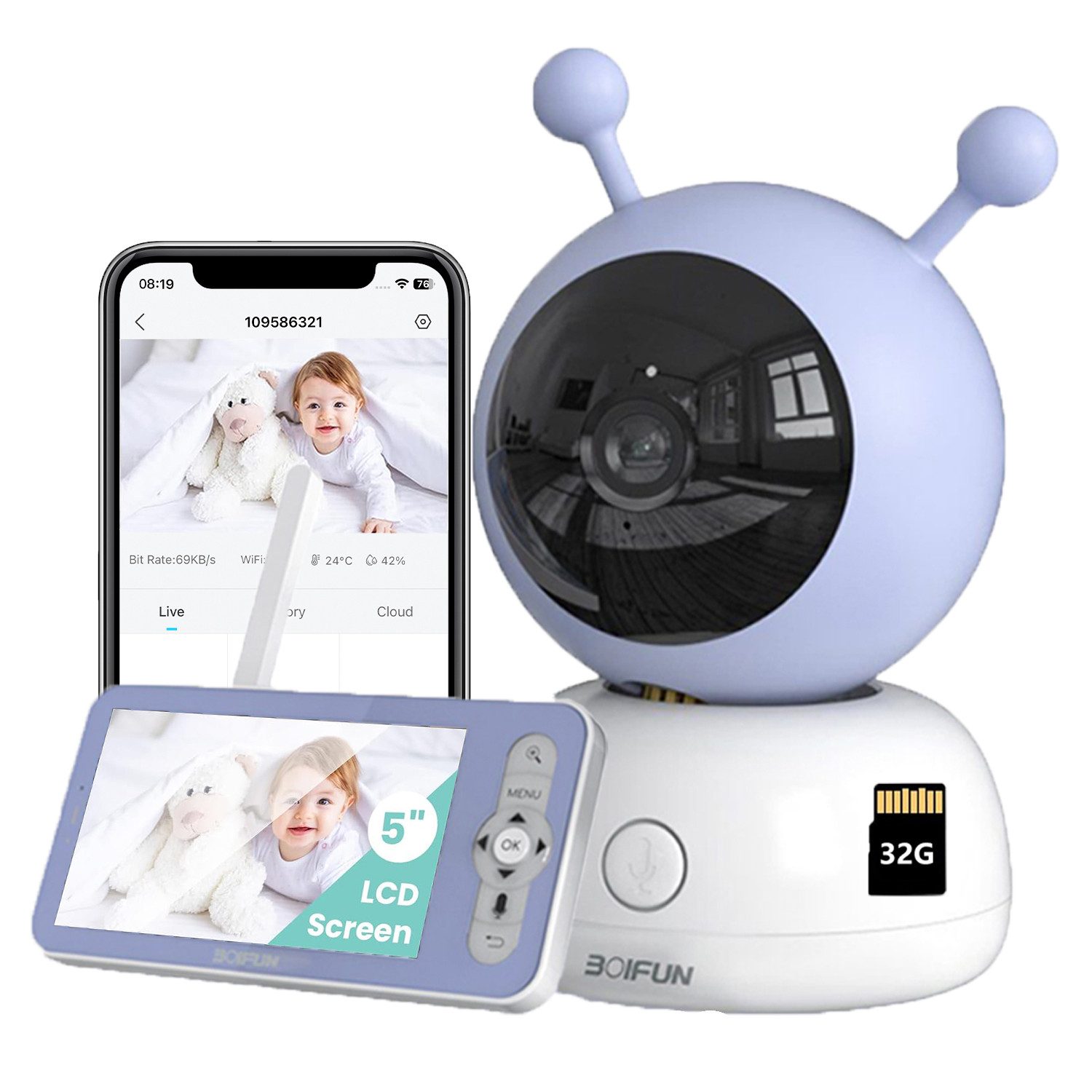 Babyphone 5 Zoll Babyphone mit Kamera und APP WLAN Video Babyfon mit 32G Karte