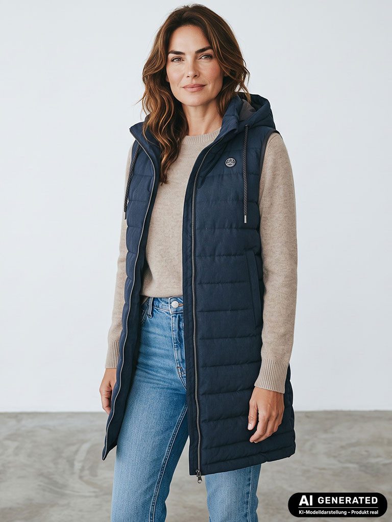 Blue Wave Longweste Nathalia Damen Steppweste Nathalia lang mit abnehmbarer Kapuze in Melange-Optik