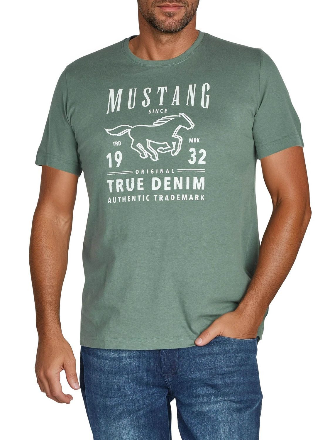 MUSTANG T-Shirt Herren Printshirt Regular Fit (1-tlg) Kurzarm Tee Shirt mit Rundhalsausschnitt aus 100% Baumwolle
