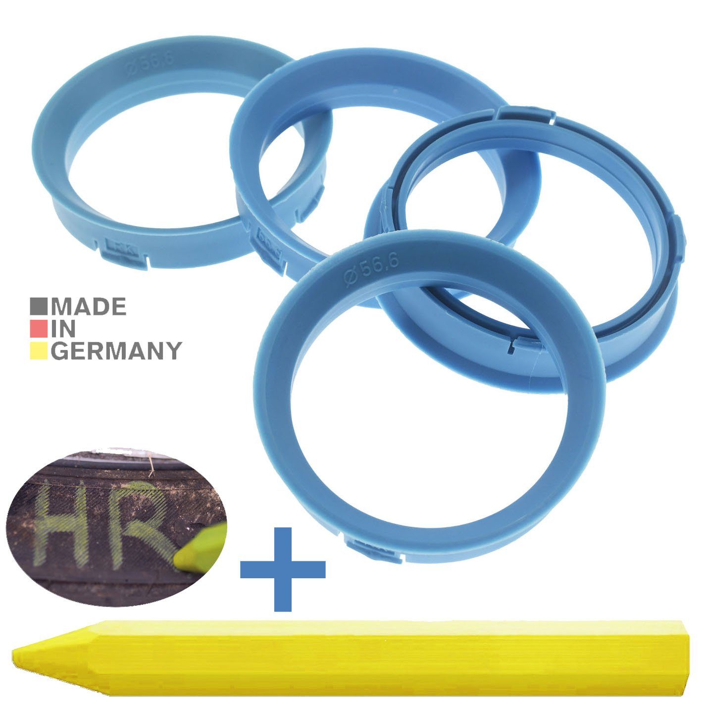 BRANDT AUTOMOTIVE Reifenstift 4X Zentrierringe Hellblau Felgen Ringe + 1x Reifen Kreide Fett Stift, Maße: 66,6 x 56,6 mm