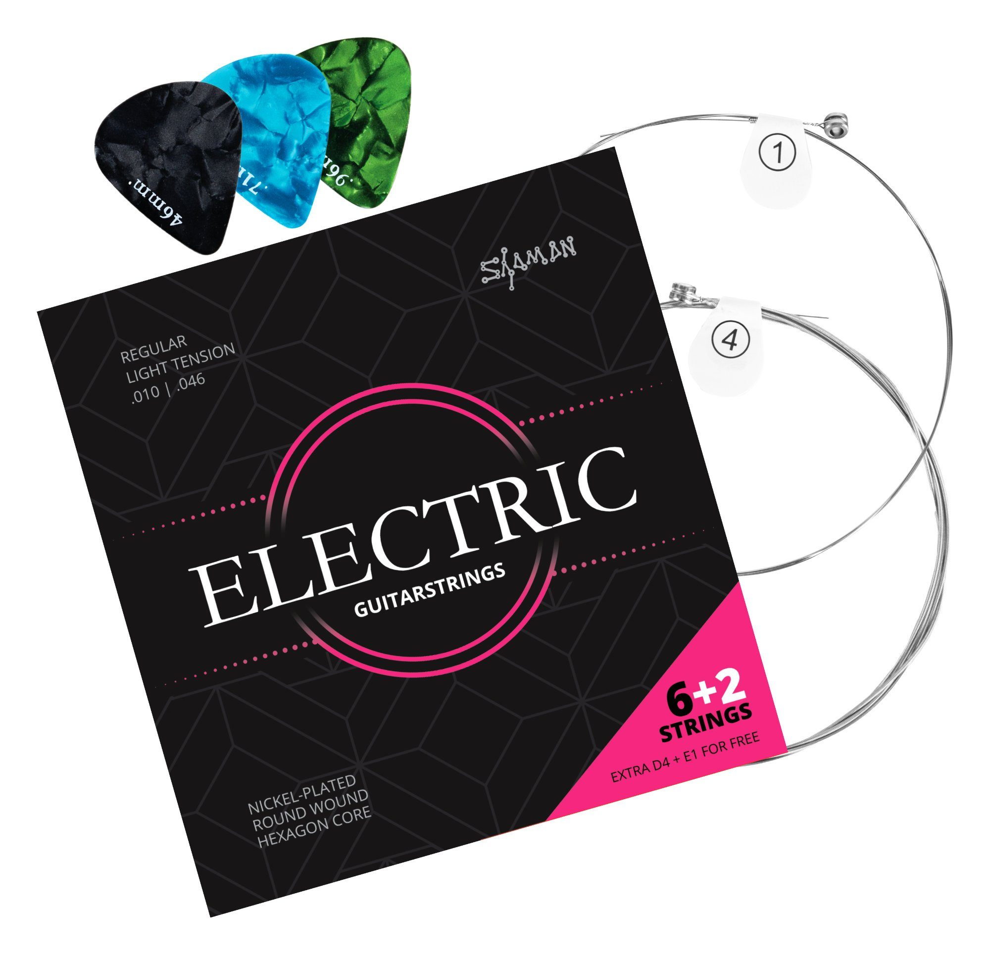 Shaman Saiten Electric E-Gitarren-Saiten Regular Light mit Ersatzsaiten, (6+2 Saiten-Set, 1-tlg), Kompletter Satz plus 2 Ersatz-Saiten (E1 und D4)