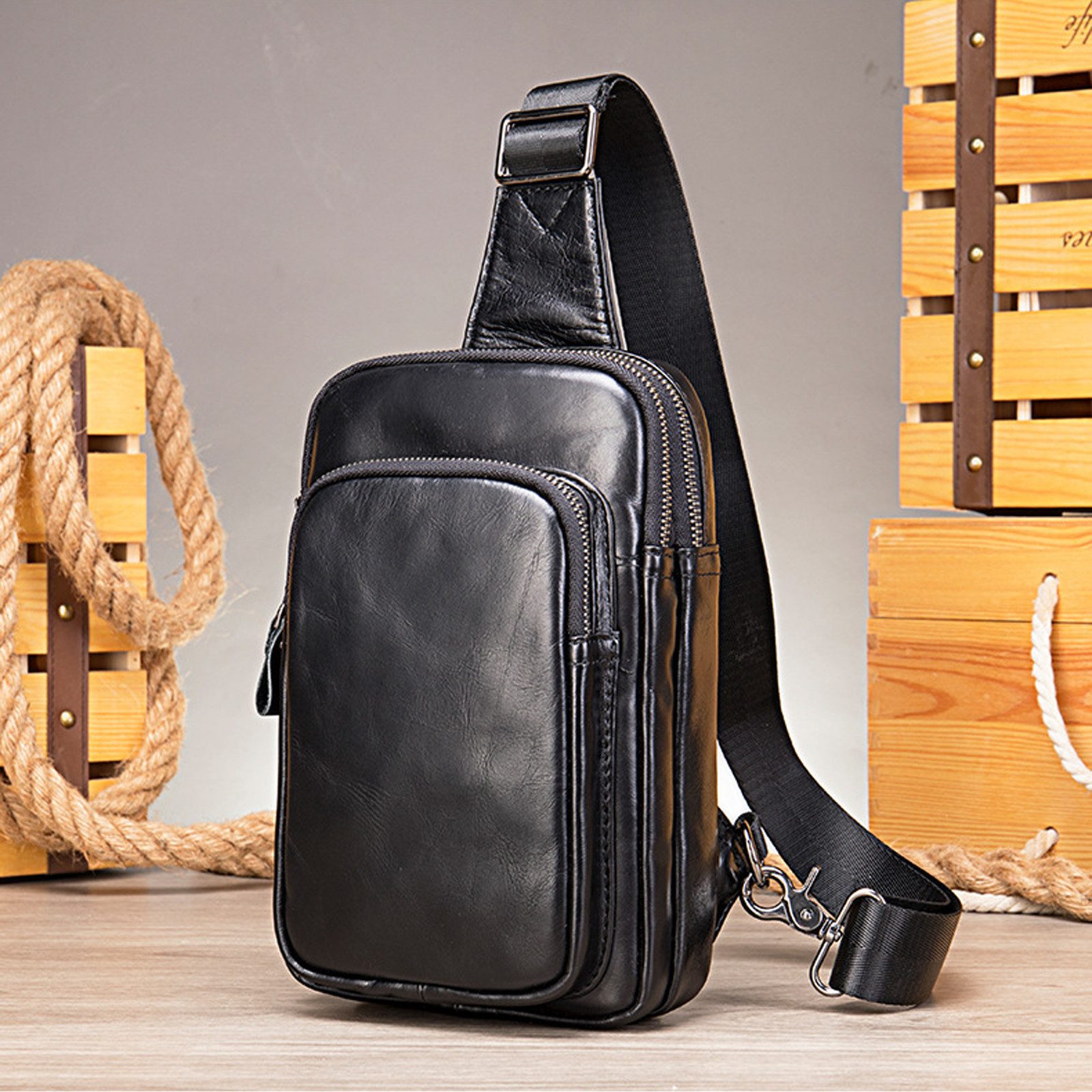Messenger Bag Herren Echtleder Umhängetasche Mehrere Taschen Sling Schultertasche
