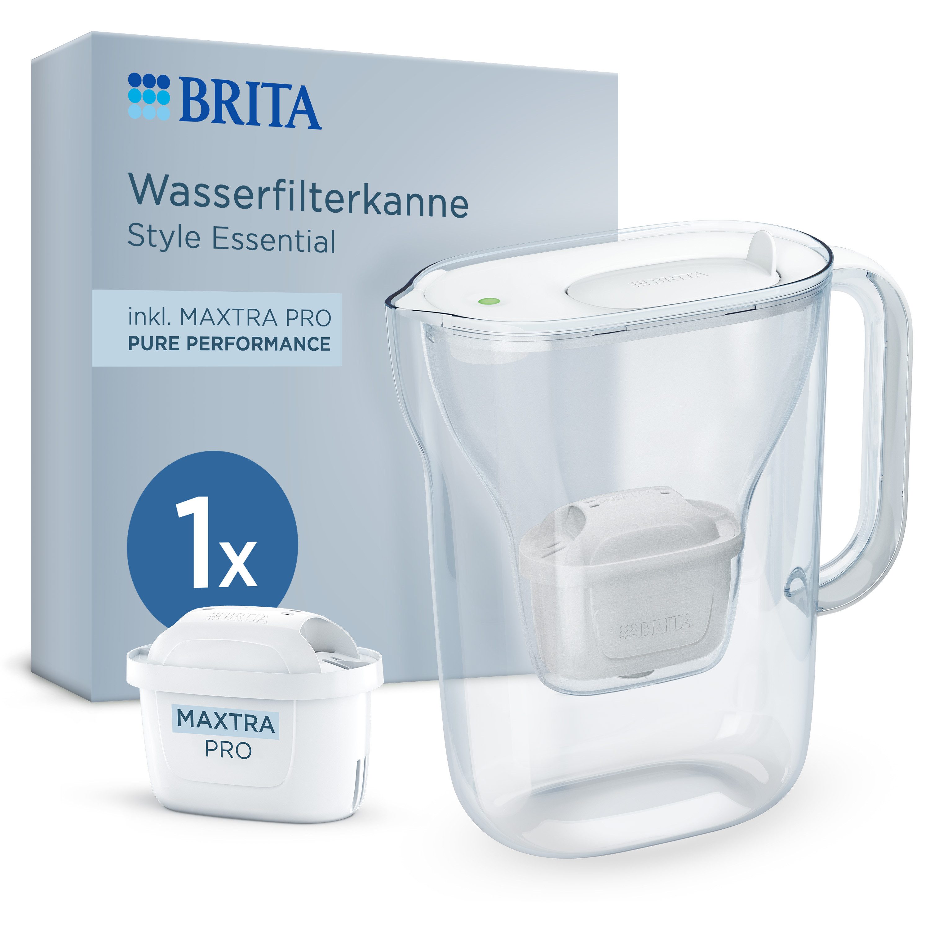 BRITA Wasserfilter Kanne Style Essential inkl. 1x BRITA MAXTRA PRO Pure Performance, Kühlschrankgeeignete Filterkanne (2,4l) filtert Verunreinigungen etc