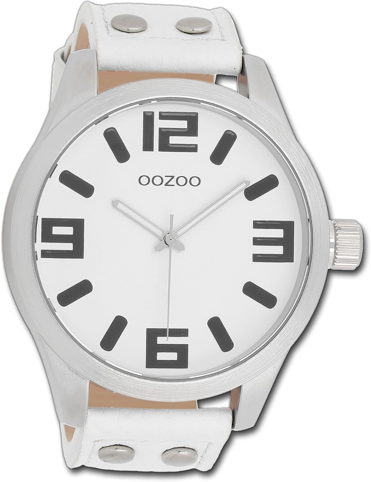 OOZOO Quarzuhr Oozoo Unisex Armbanduhr Timepieces, (Analoguhr), Damen-Herrenuhr Lederarmband weiß, rundes Gehäuse, groß (ca. 51mm)
