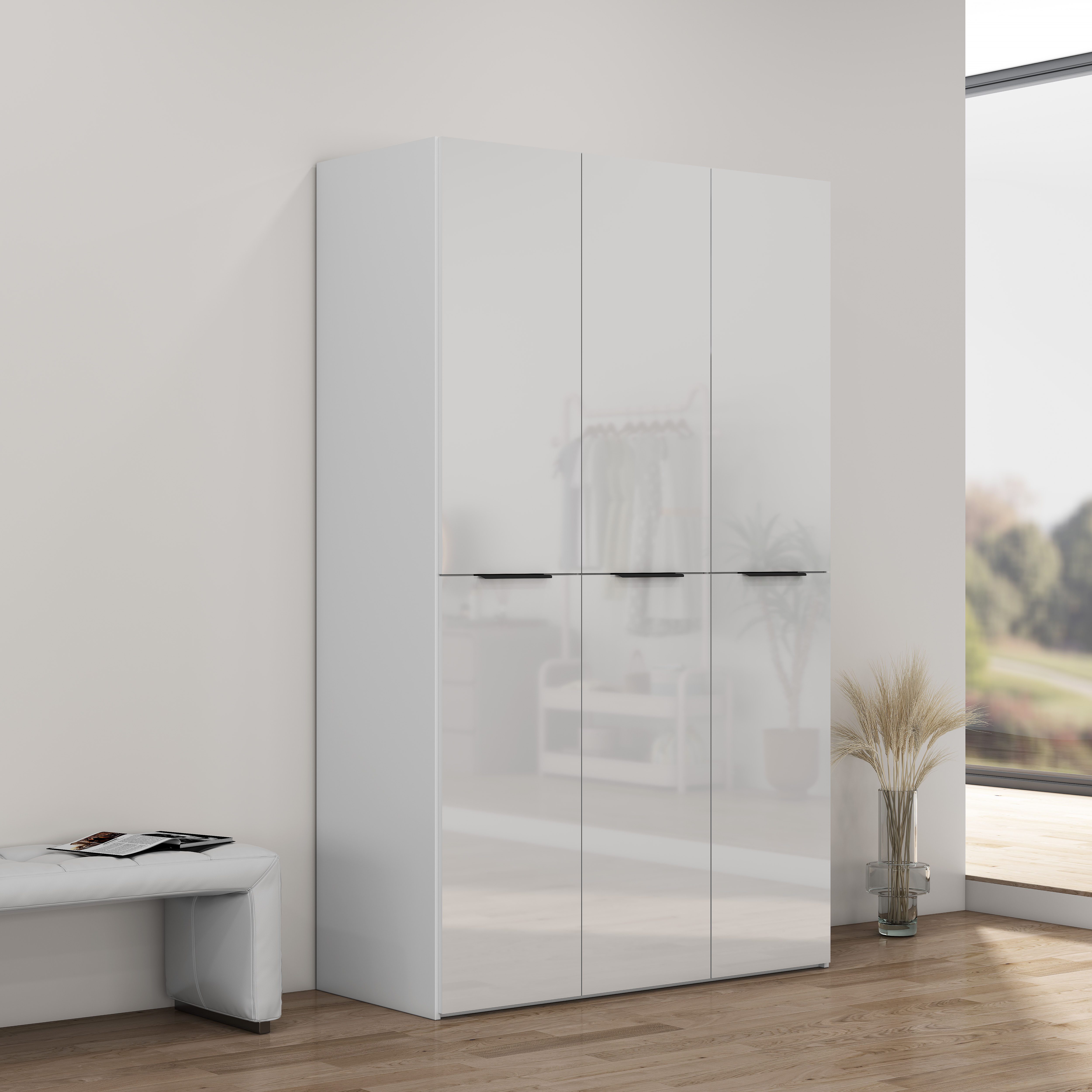 OTTO home Kleiderschrank Skyller Schlafzimmerschrank mit 3 Türen mit Hochglanzfronten Drehtürenschrank mit perfekter Innenausstattung, Breite 121 cm