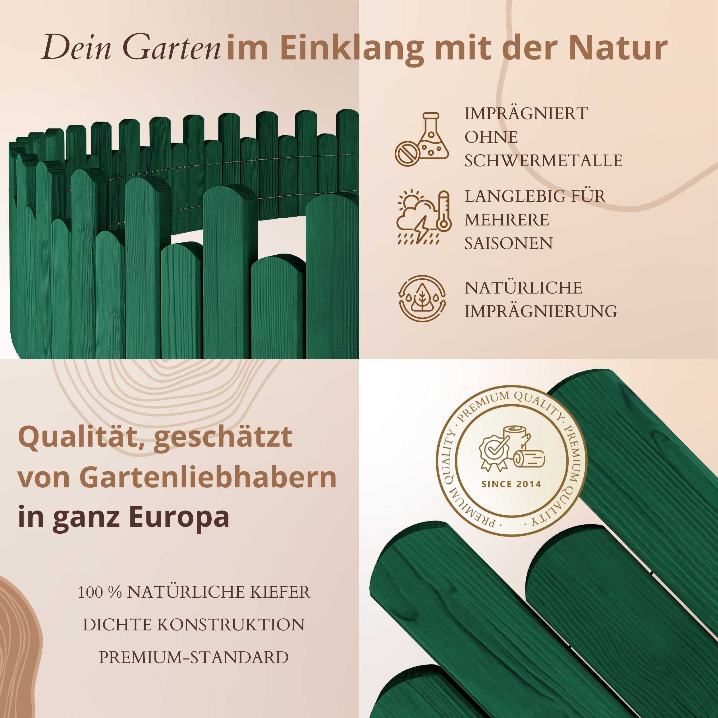 Floranica Palisade Beeteinfassung Rasenkante Flexible Holzzaun Gartenzaun Palisade, LxH: 100x15 cm, Grün, Rasenkante, Begrenzung von Blumenbeeten, Kräutergarten und Gartenwegen
