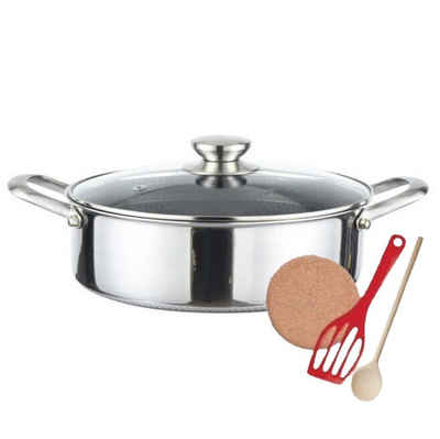 KESSMANN Kasserolle Edelstahl Schmorpfanne 24cm m. Deckel 5tlg Kasserolle Pfanne Induktion, Edelstahl (Set, 5-tlg., Inkl. 1 Pfannenwender + 1 Untersetzer + 1 Holzlöffel Antihaft Braten), Bratpfanne Servierpfanne Kochpfanne Pfannenset Fanne Bräter rostfrei