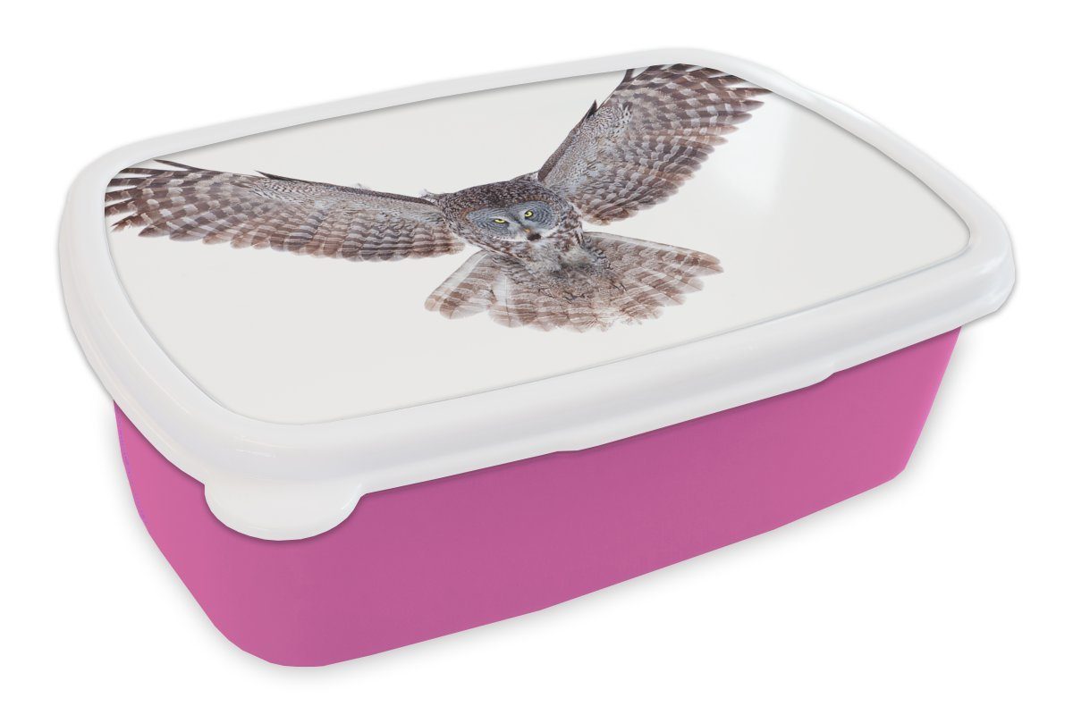 MuchoWow Lunchbox Fliegende Eule, Kunststoff, (2-tlg), Brotbox für Erwachsene, Brotdose Kinder, Snackbox, Mädchen, Kunststoff rosa