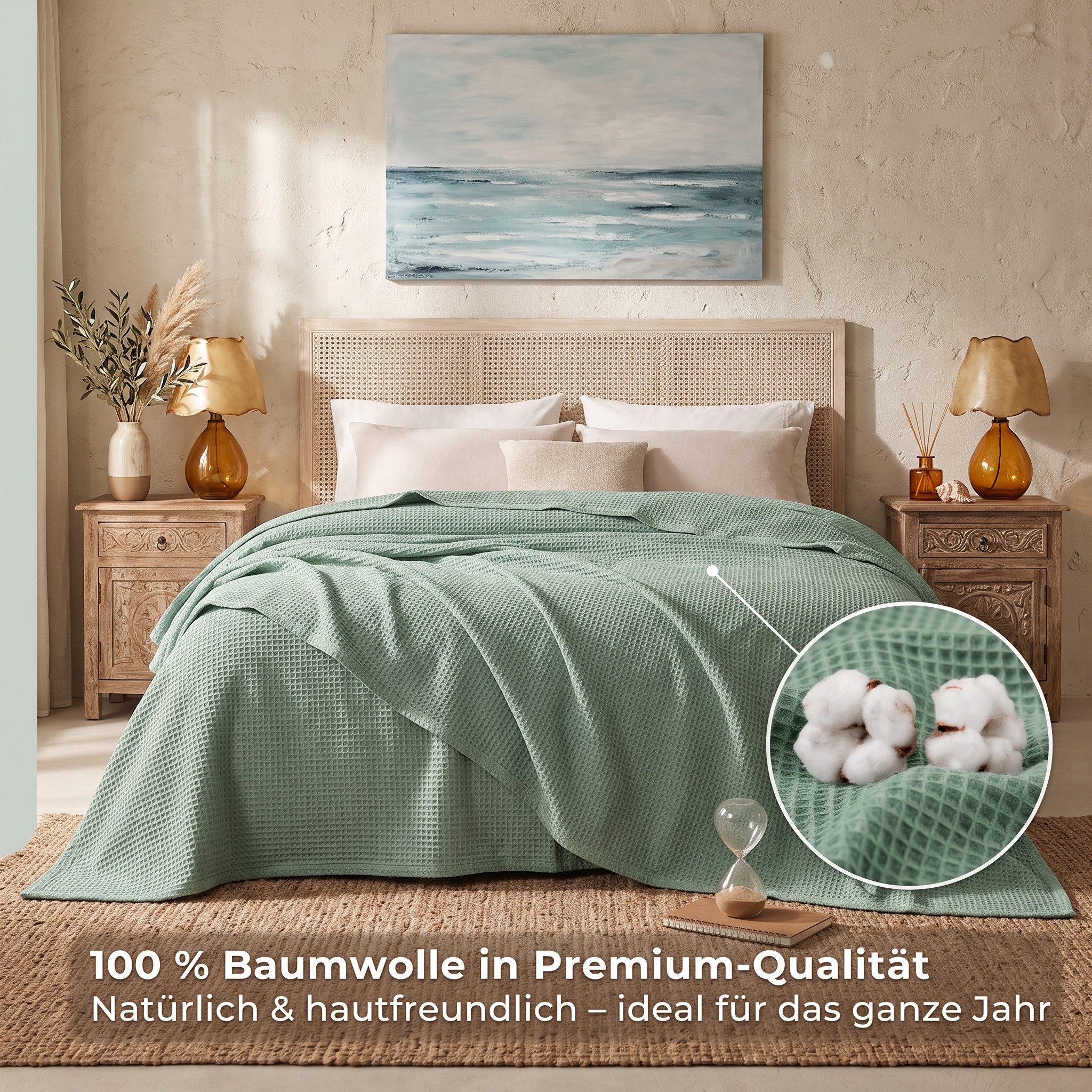 herémood Tagesdecke aus 100% Baumwolle – Wohndecke Elegante Waffelpique Kuscheldecke, für Sofa & Bett, atmungsaktiv & pflegeleicht – 150x200 cm MINTGRÜN