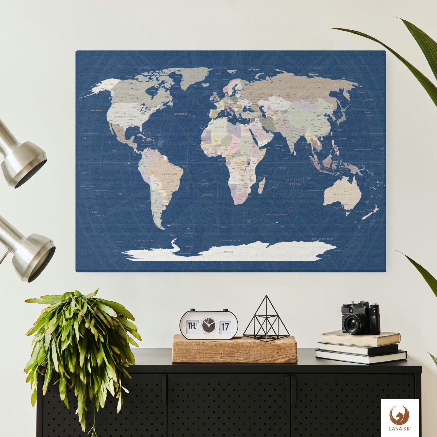 deutsche Reisezielen, Titan Leinwandbild Weltkarte LANA zum von Pinnwand Beschriftung KK markieren