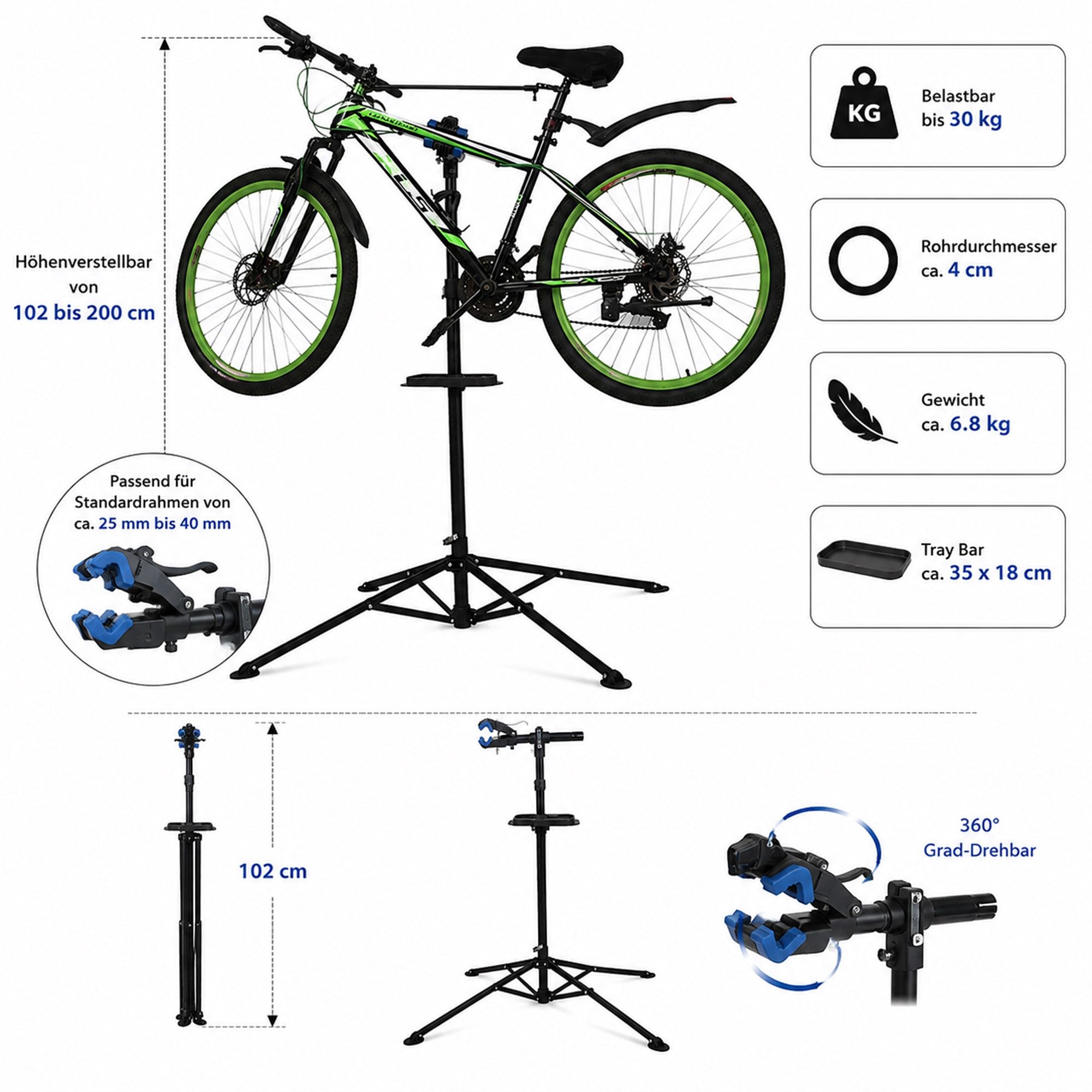 Mucola Fahrrad-Montageständer Fahrradmontageständer 360° drehbar höhenverstellbar Reparaturständer (Stück, 1-tlg., Montageständer), Lackschonend
