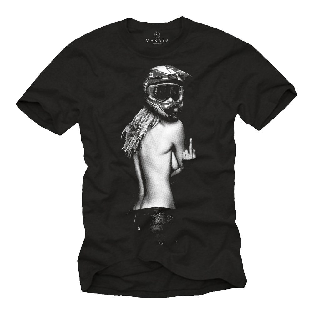 MAKAYA T-Shirt Herren Pin Up Motorrad Helm Motocross Motiv Aufdruck Biker Bekleidung mit Druck, aus Baumwolle