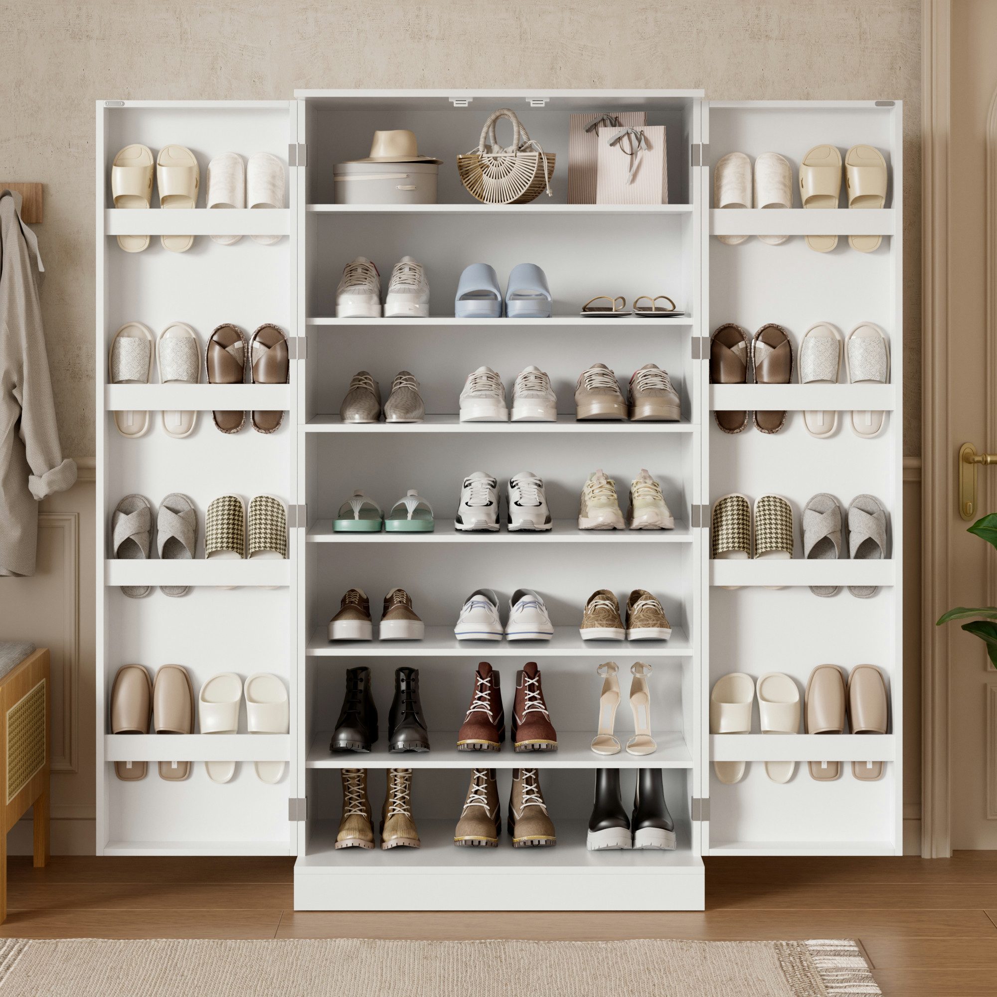 Flieks Schuhschrank großer Schuhregal mit Türregalen und 7 Ebenen, Höhe 160 cm (für viele Schuhe, 80x40x160 cm, 1-St., Multifunktionsschrank mit verstellbarer Einlegeböden, Kipp-Schutz) Schuhkommode Flurschrank Mehrzweckschrank Weiß, 7 Fächer