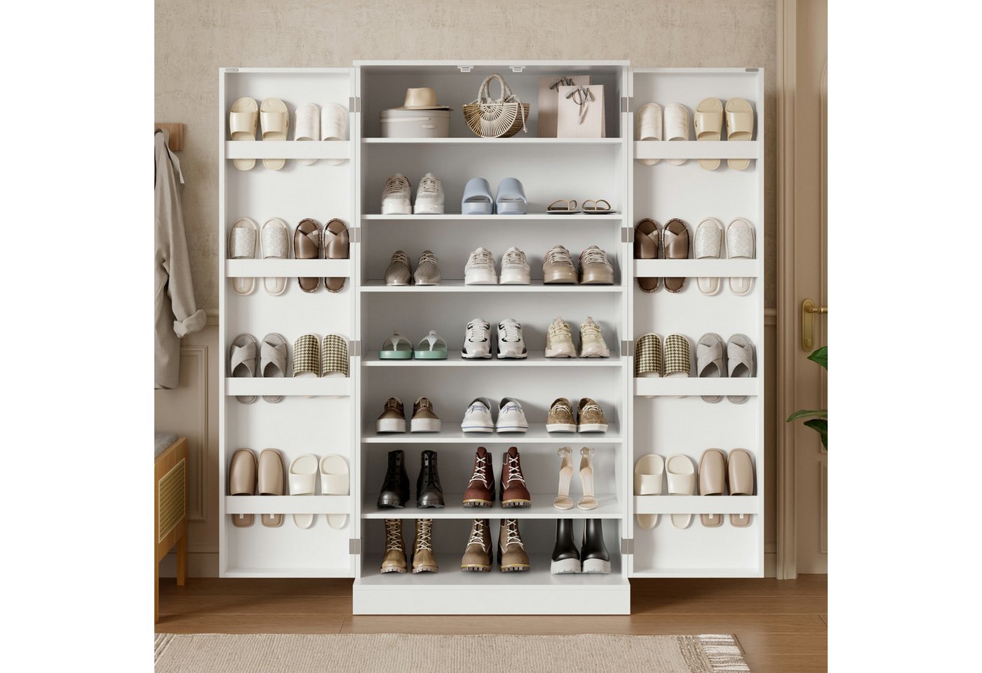 Flieks Schuhschrank großer Schuhregal mit Türregalen und 7 Ebenen, Höhe 160 cm (für viele Schuhe, 80x40x160 cm, 1-St., Multifunktionsschrank mit verstellbarer Einlegeböden, Kipp-Schutz) Schuhkommode Flurschrank Mehrzweckschrank Weiß, 7 Fächer