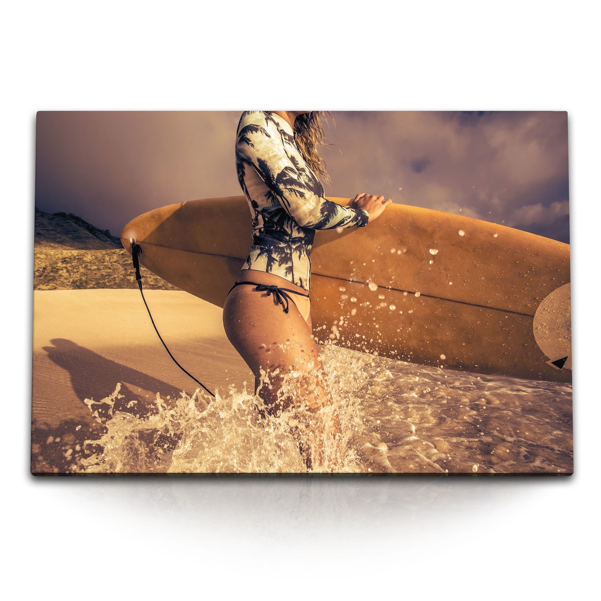 Leinwandbild 120x80cm Wandbild auf Leinwand Surferin Surfbrett Strand Surfen Meer