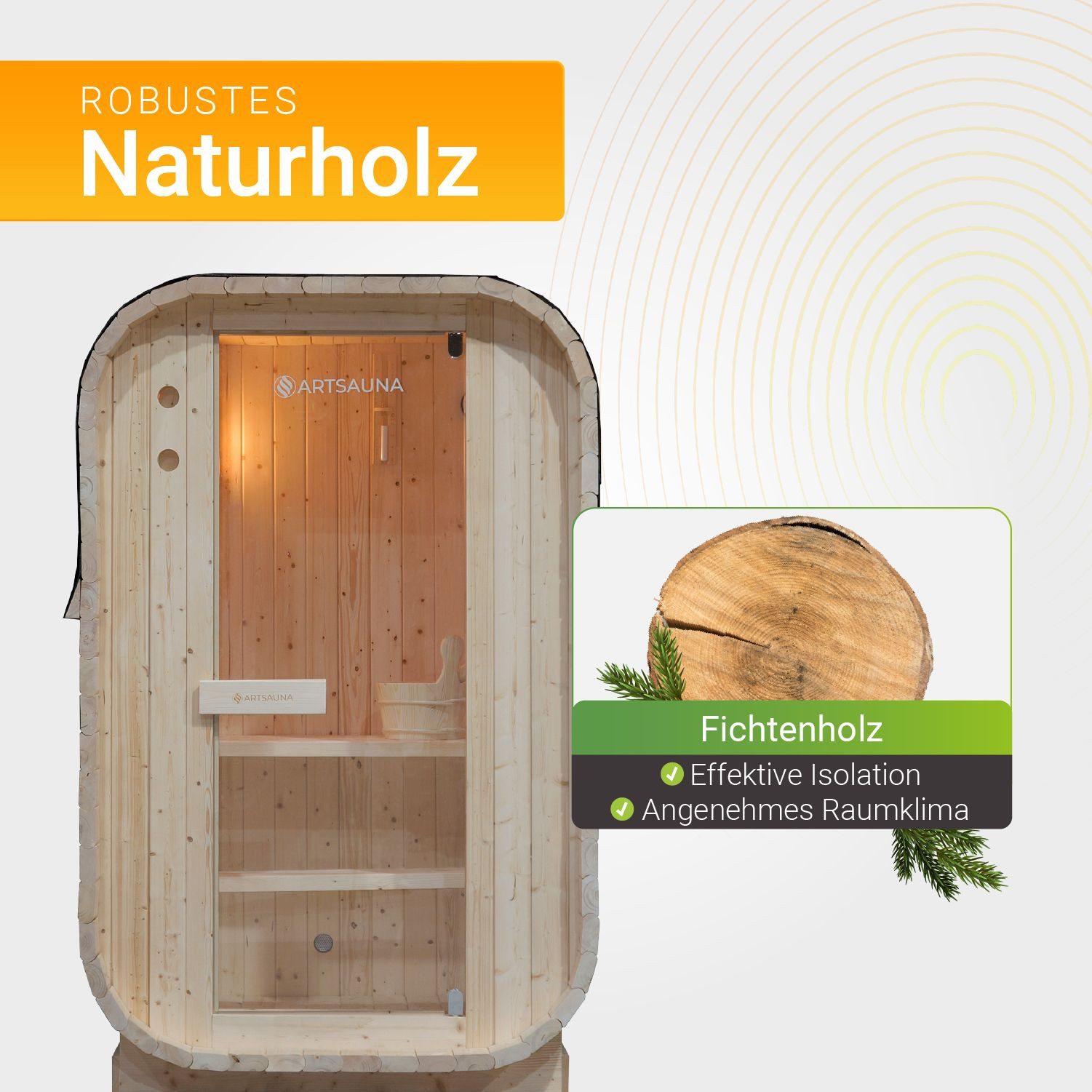 Artsauna Fasssauna Nolvik, BxTxH: 128 x 120 x 194 cm, 38 mm, Für 1 bis 2 Personen, 3,6 kW Saunaofen, Fichtenholz, Zubehör-Set