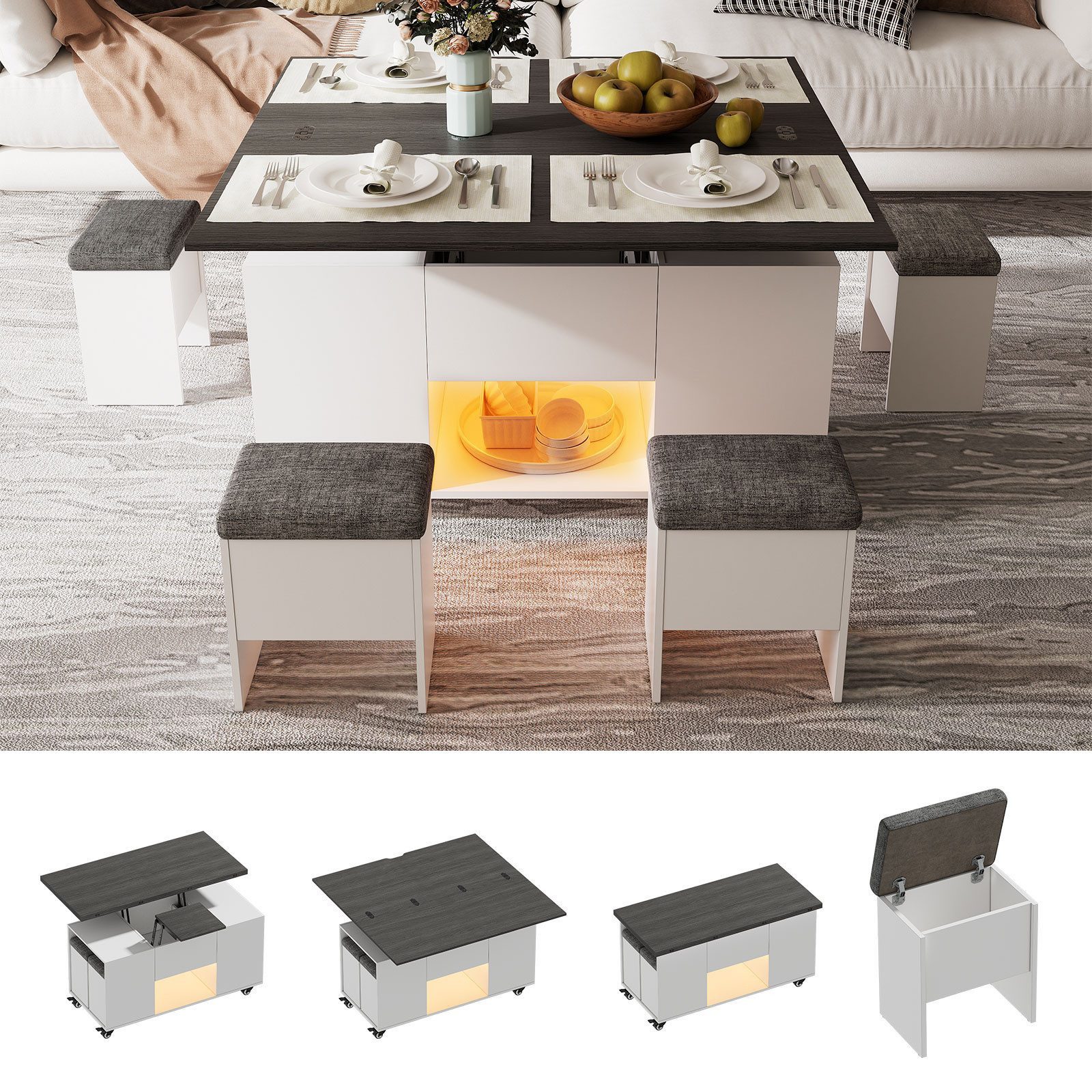 TWSOUL Couchtisch Ausziehbar Platte und höhenverstellbar mit Stauraum 4 Hoc günstig online kaufen