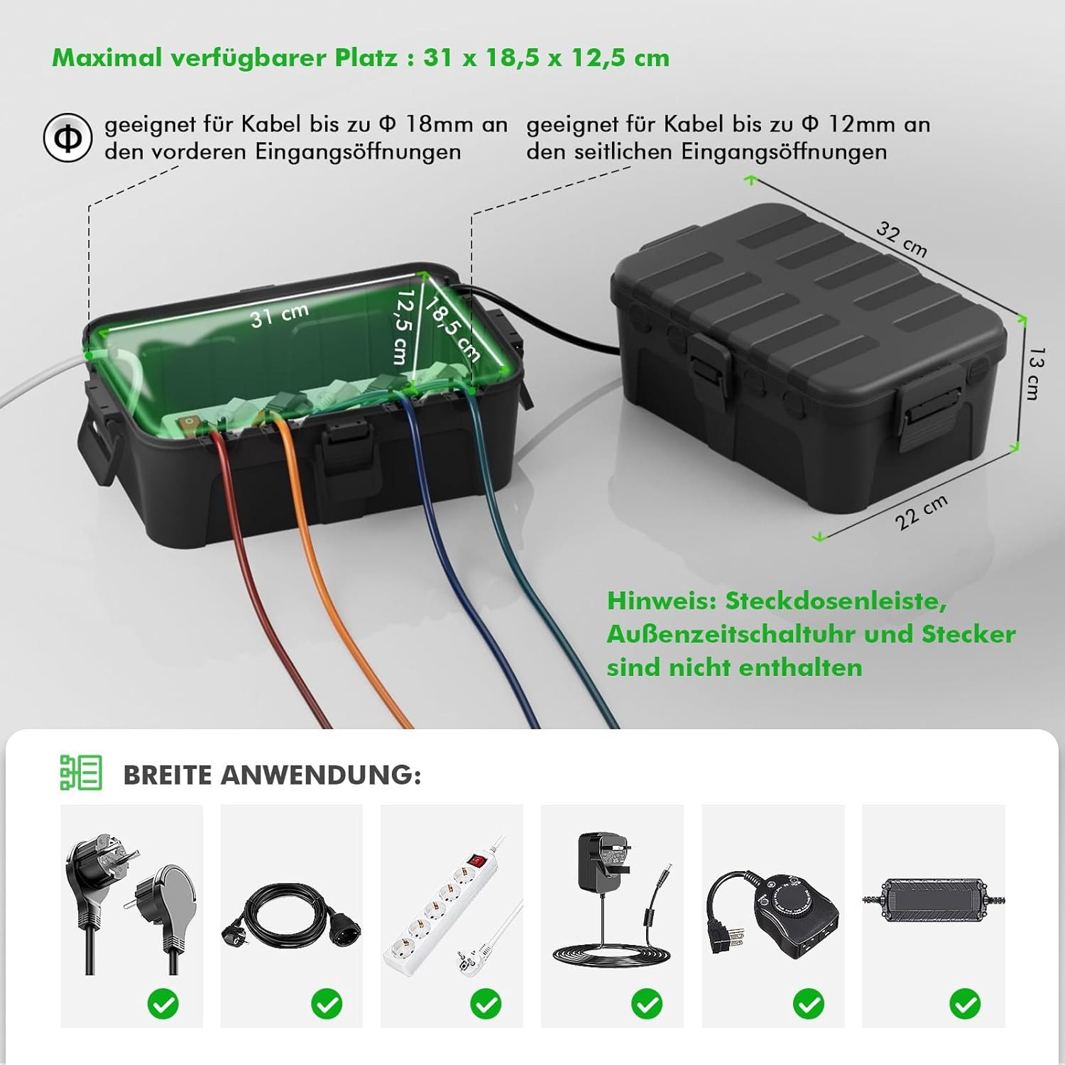 FELIXLEO Kabelbox wasserdichte Kabelbox Outdoor IP54 32x22x13cm Schwarz, (1-tlg) – Bild 2 von 5