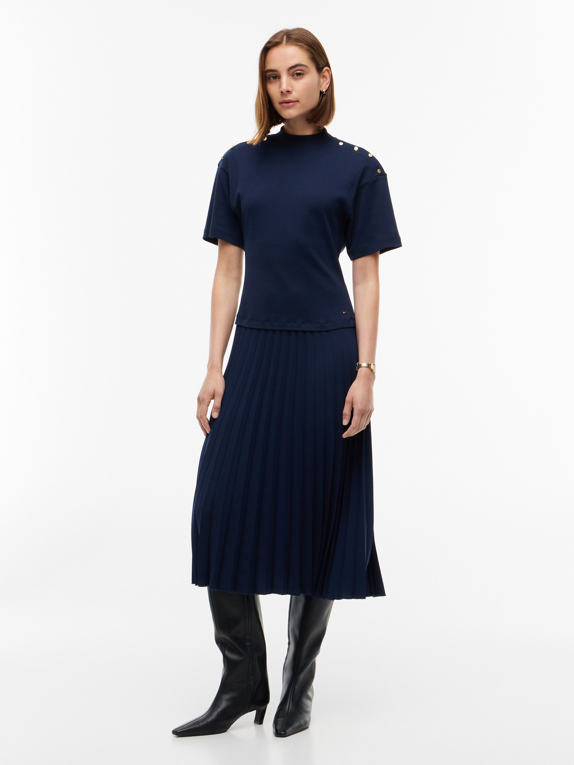 Tommy Hilfiger Strickkleid GOLD BUTTON HIGH-NK S/S DRESS Baumwolle