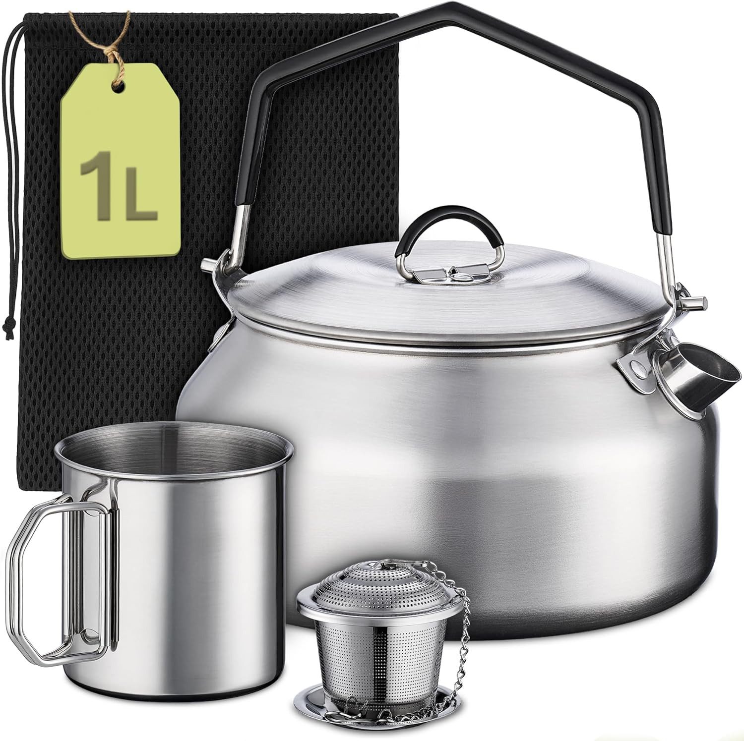 Praknu Reise-Wasserkocher Camping Єлктрочайники Set 1L Edelstahl - Ohne Strom - Wasserkessel, 1 l, Stapelbar, kompakt, spülmaschinenfest, hitzebeständiger Griff