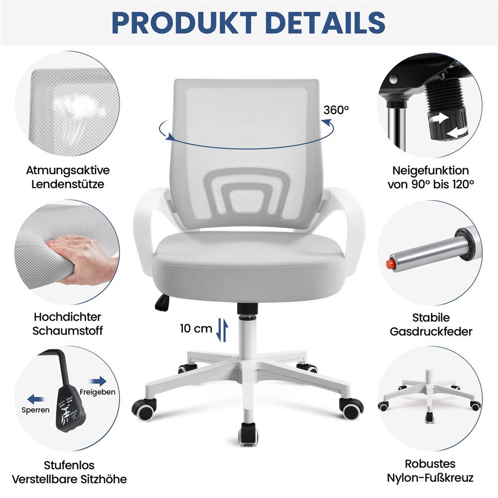 Yaheetech Bürostuhl Höhenverstellbarer Drehstuhl mit Schaukelfunktion, ergonomischer Schreibtischstuhl Arbeitsstuhl mit Netzrückenlehne – Bild 5 von 5