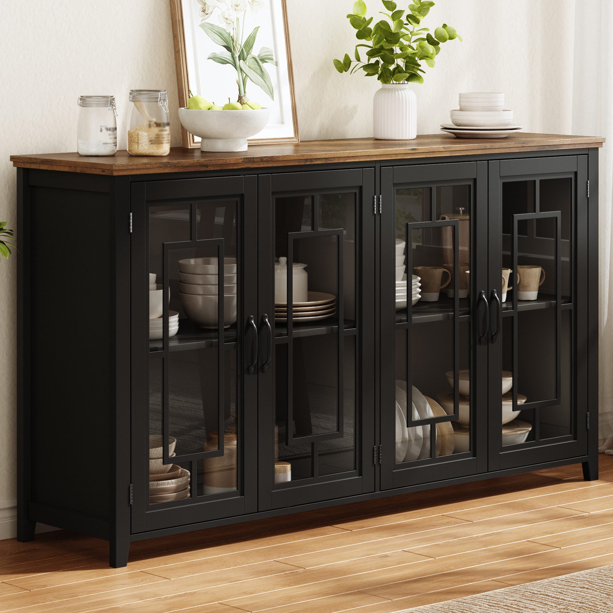 Flieks Sideboard Kommode mit 4 Glastüren und Arbeitsplatte in Holzoptik (160x40x86 cm, 1 St., Schrank für Esszimmer, Wohnzimmer und Schlafzimmer), Mehrzweckschrank Küchenschrank Multifunktionsschrank Schwarz