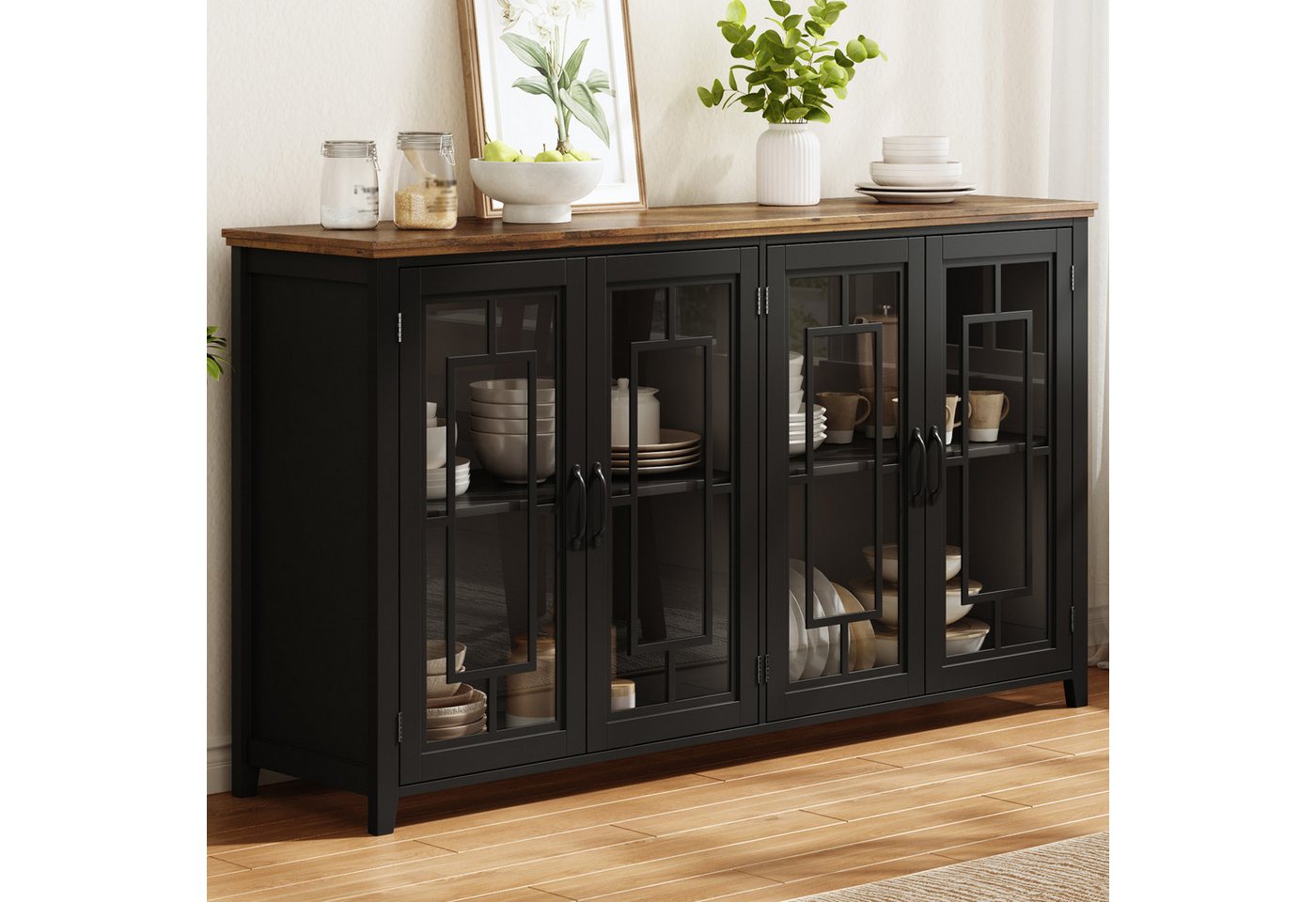 Flieks Sideboard Kommode mit 4 Glastüren und Arbeitsplatte in Holzoptik (160x40x86 cm, 1 St., Schrank für Esszimmer, Wohnzimmer und Schlafzimmer), Mehrzweckschrank Küchenschrank Multifunktionsschrank Schwarz