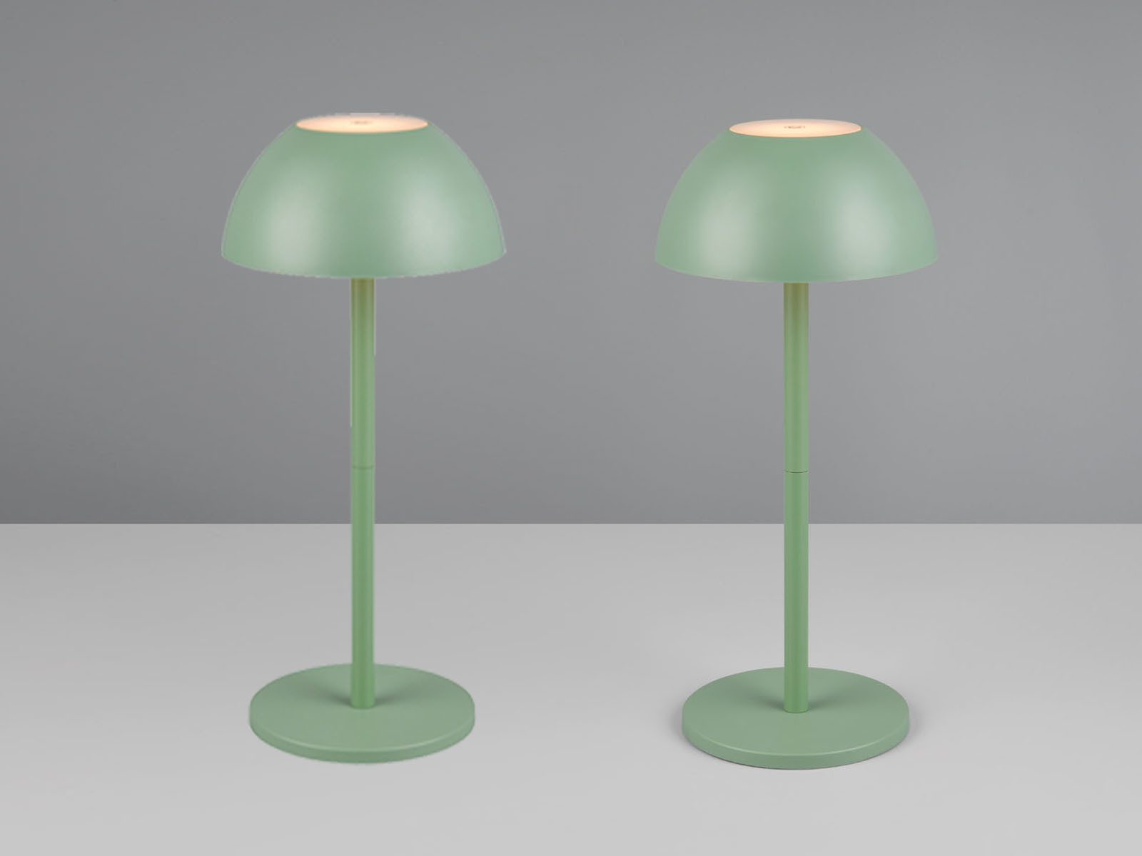 Reality Leuchten LED Außen-Tischleuchte, dimmbar, LED fest integriert, Warmweiß, 2er SET kabellos-e Akku Pilz-Lampen Outdoor, Pistaziengrün, 30cm klein