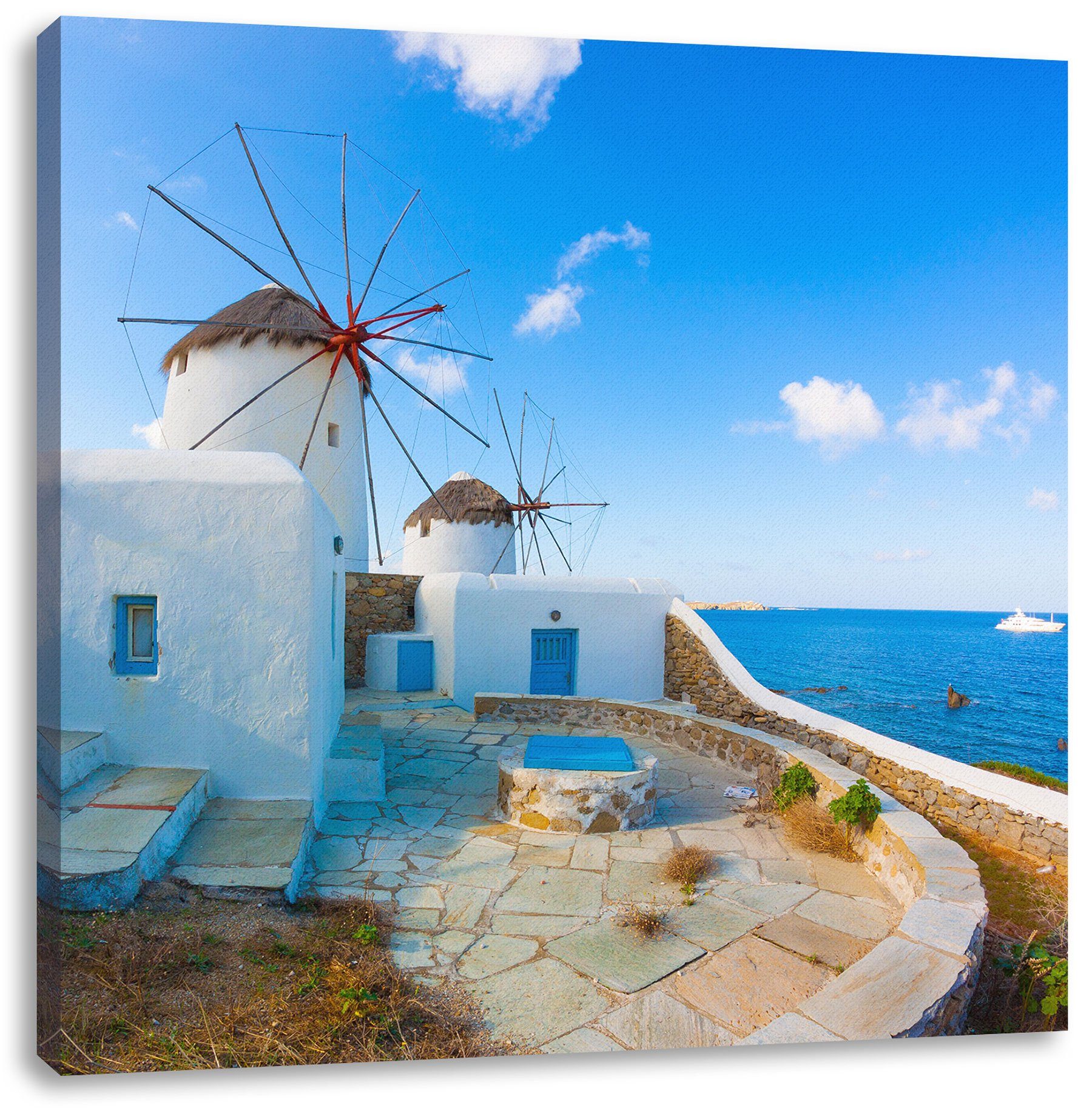 Leinwandbild inkl. bespannt, Windmühlen Leinwandbild St), Windmühlen fertig im Zackenaufhänger im Mittelmeer, Mittelmeer Pixxprint (1